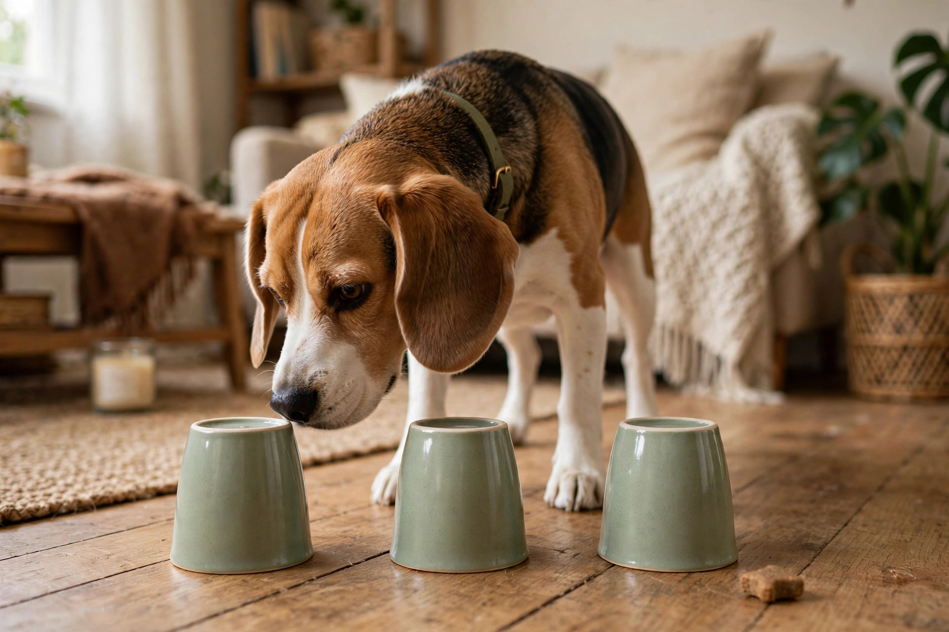 Dog sniffing cups during an indoor scent game on the living room floor