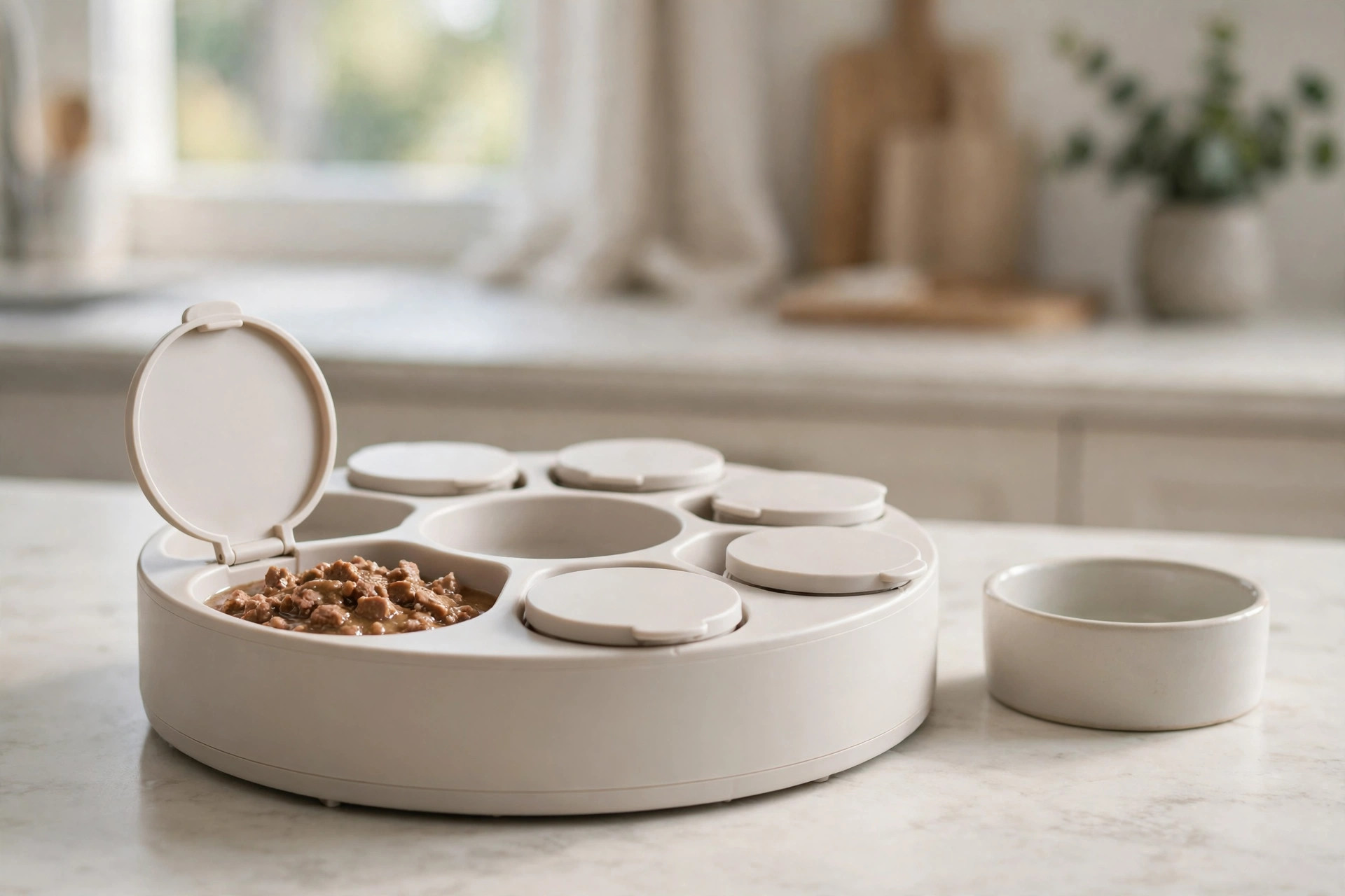 Timed automatic pet feeder with lidded compartments, one open showing a portion of wet cat food