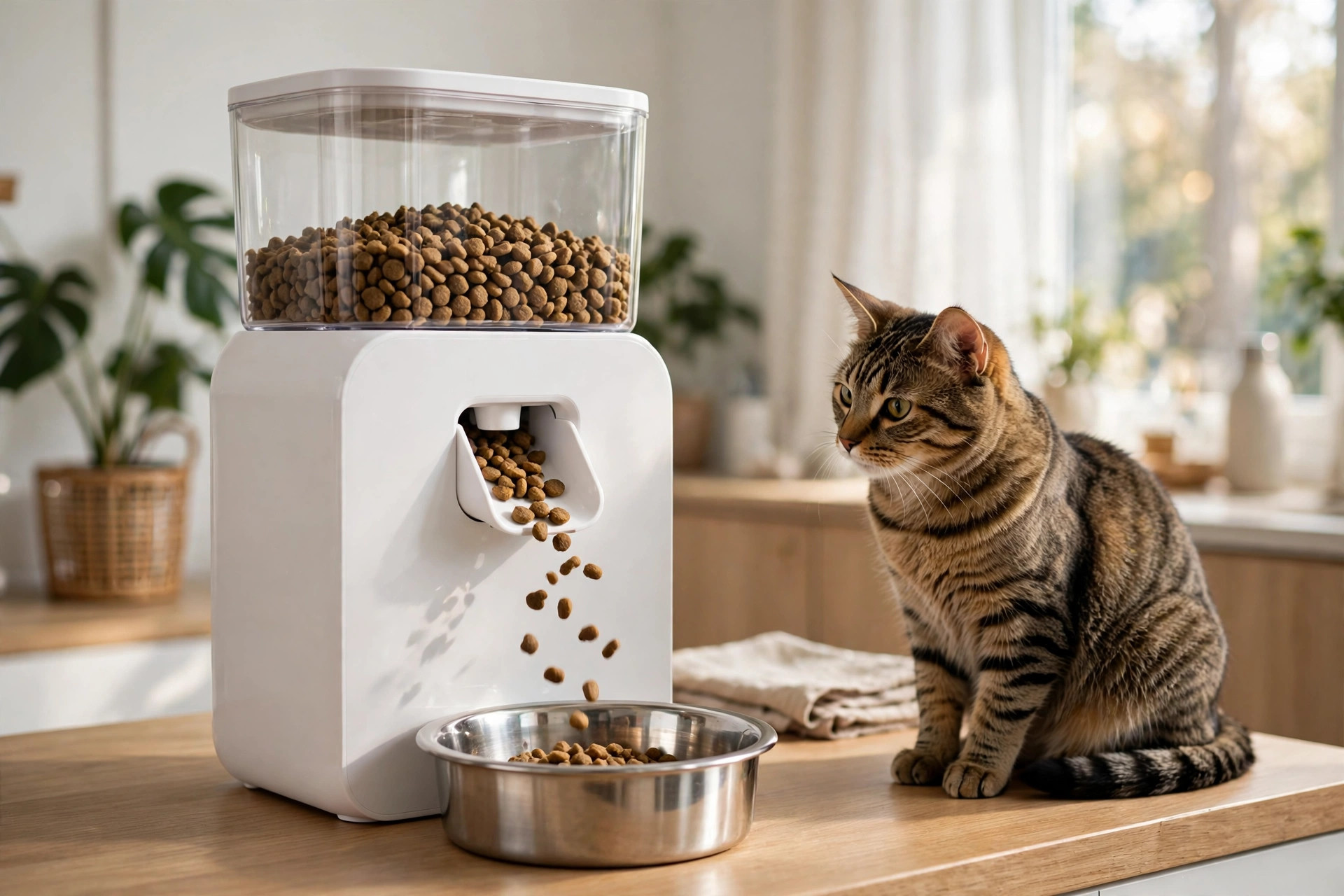 Automatic pet feeder dispensing dry kibble into a stainless steel bowl while a cat watches