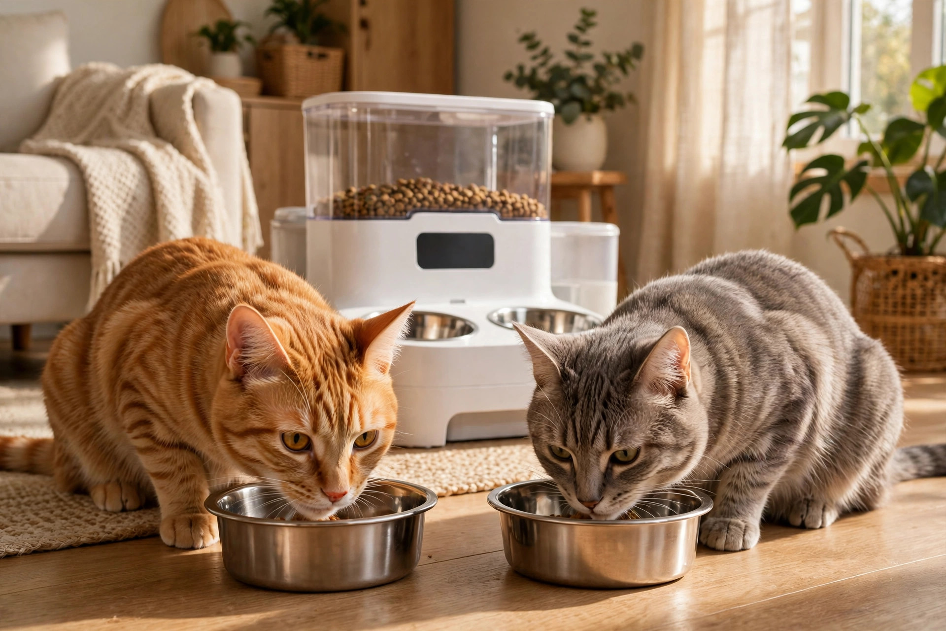Two cats eating from two separate stainless steel bowls beside a dual-bowl automatic pet feeder
