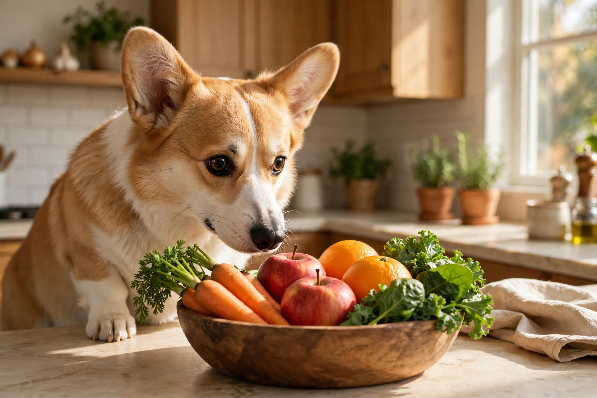 Corgi in a sunny kitchen sniffing a bowl of fresh vegetables and fruit
