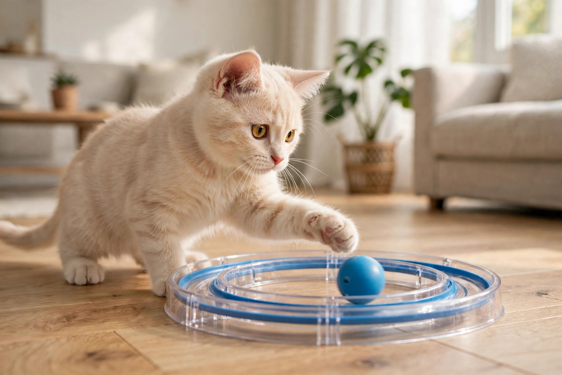 Cream-colored kitten batting a ball around a circular ball track toy on a wooden floor