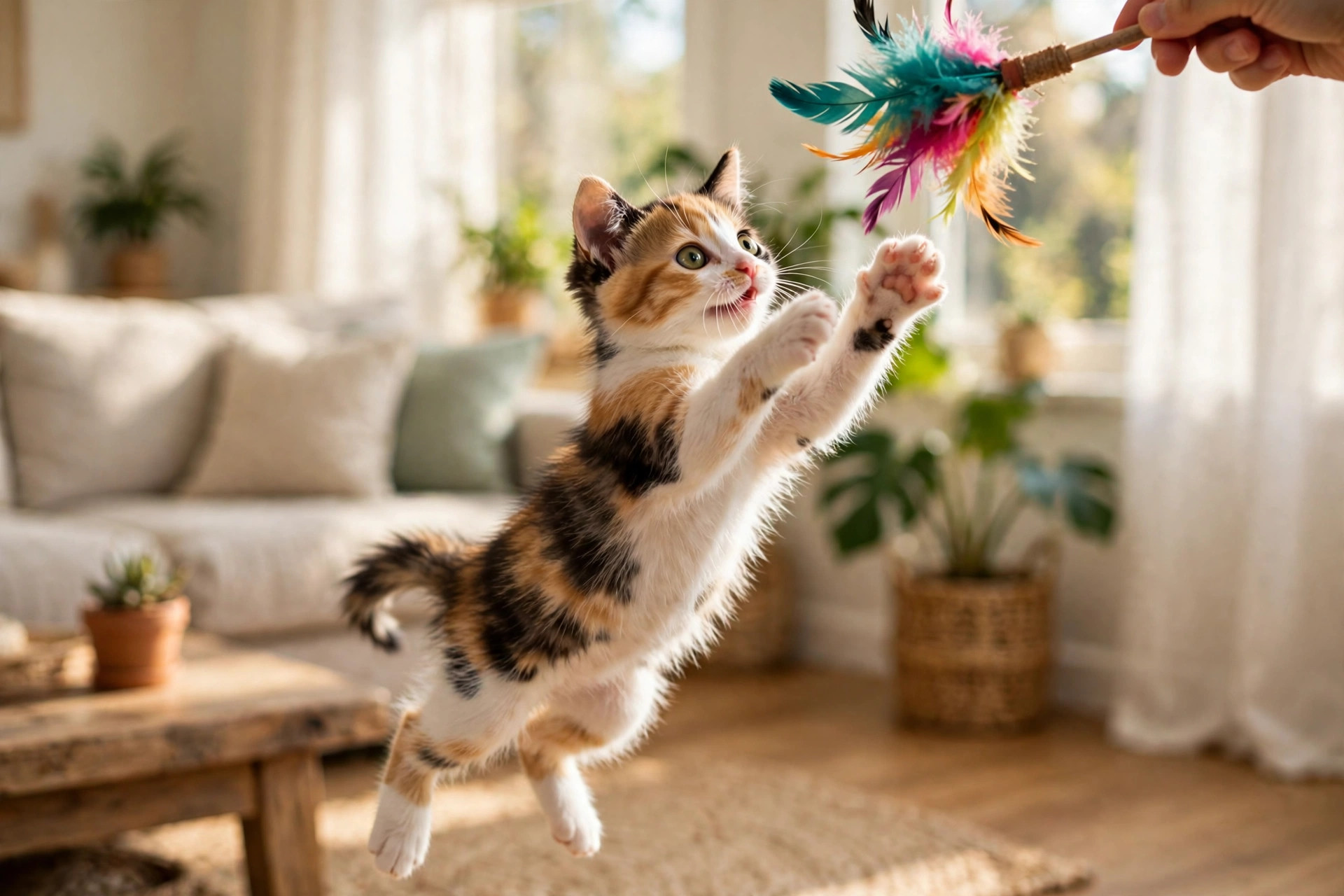 Calico kitten leaping up to catch a colorful feather wand toy in a sunny living room
