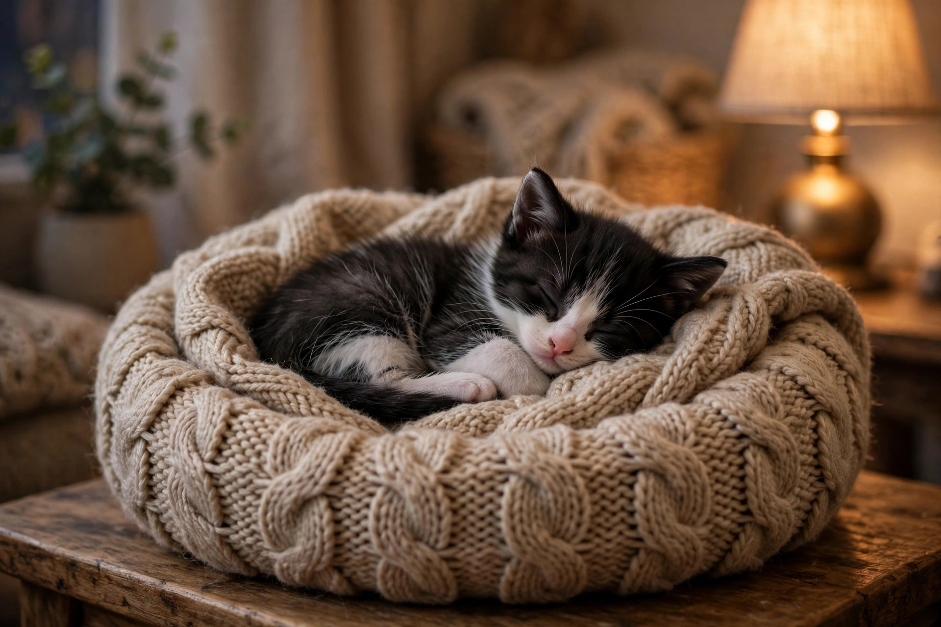Tiny black and white kitten sleeping peacefully in a cozy round cat bed at night