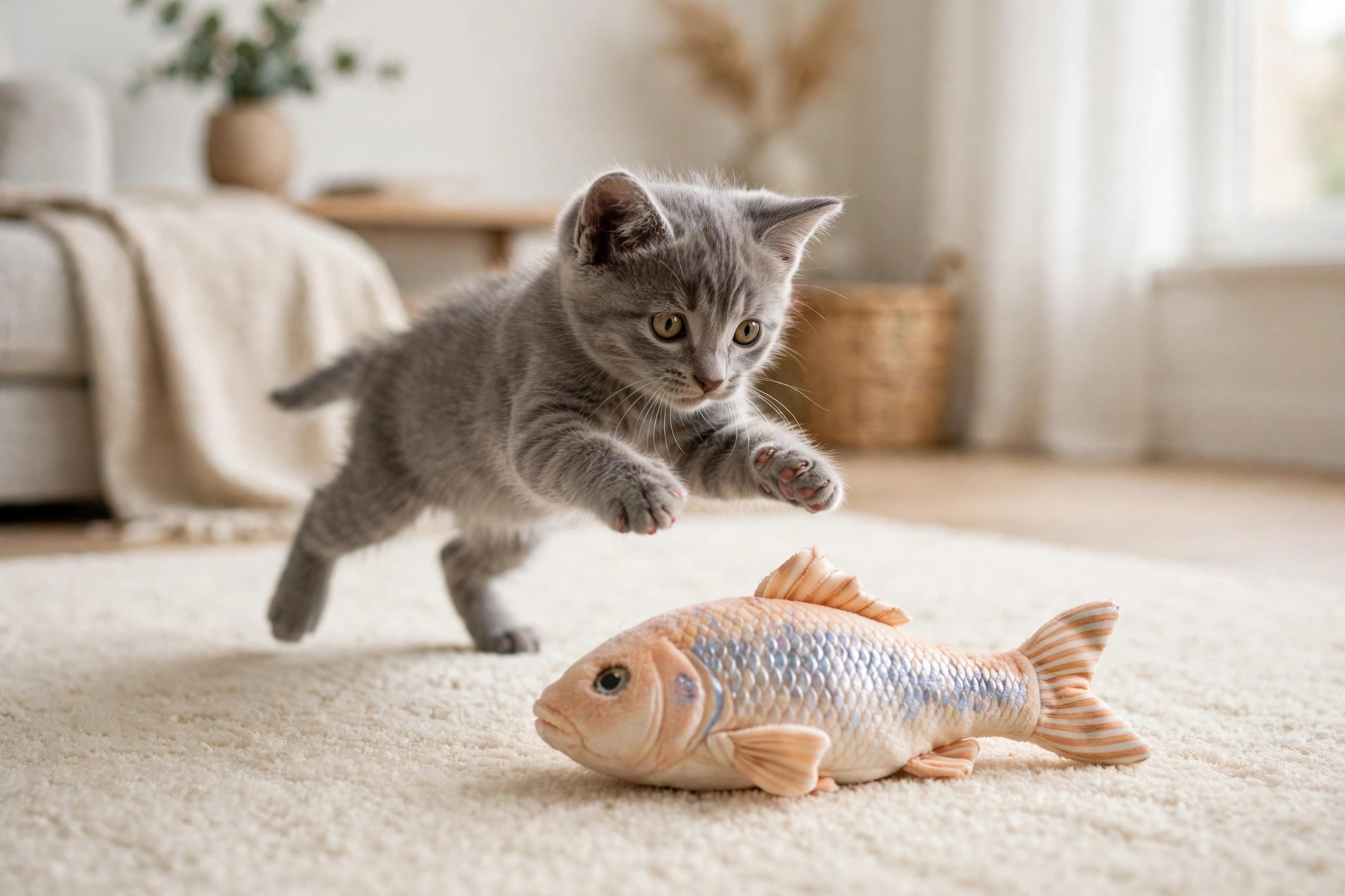 Grey kitten pouncing on a plush flopping fish cat toy on a cream carpet