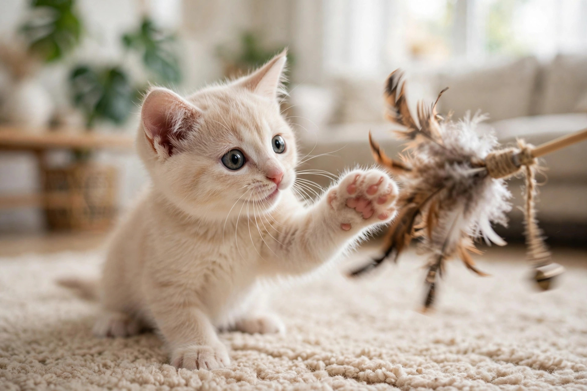 Cream-colored kitten playing with a feather wand toy on a soft rug