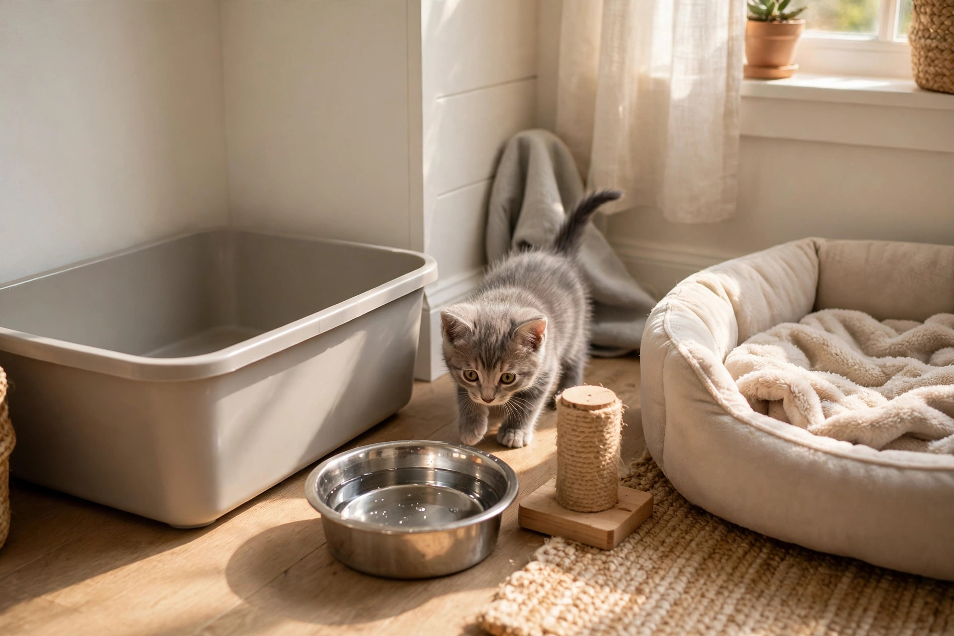 Tiny grey kitten exploring a safe starter room with a litter box, food bowl and scratching post