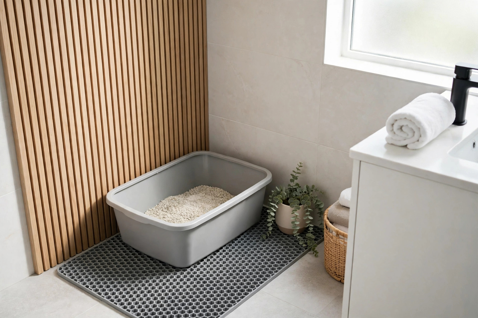 Clean open litter box on a litter mat in a quiet bathroom corner