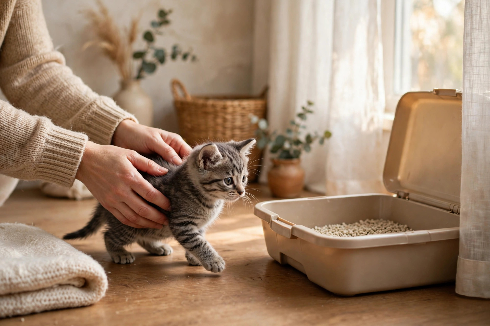 Person gently guiding a kitten toward an open litter box in a quiet room