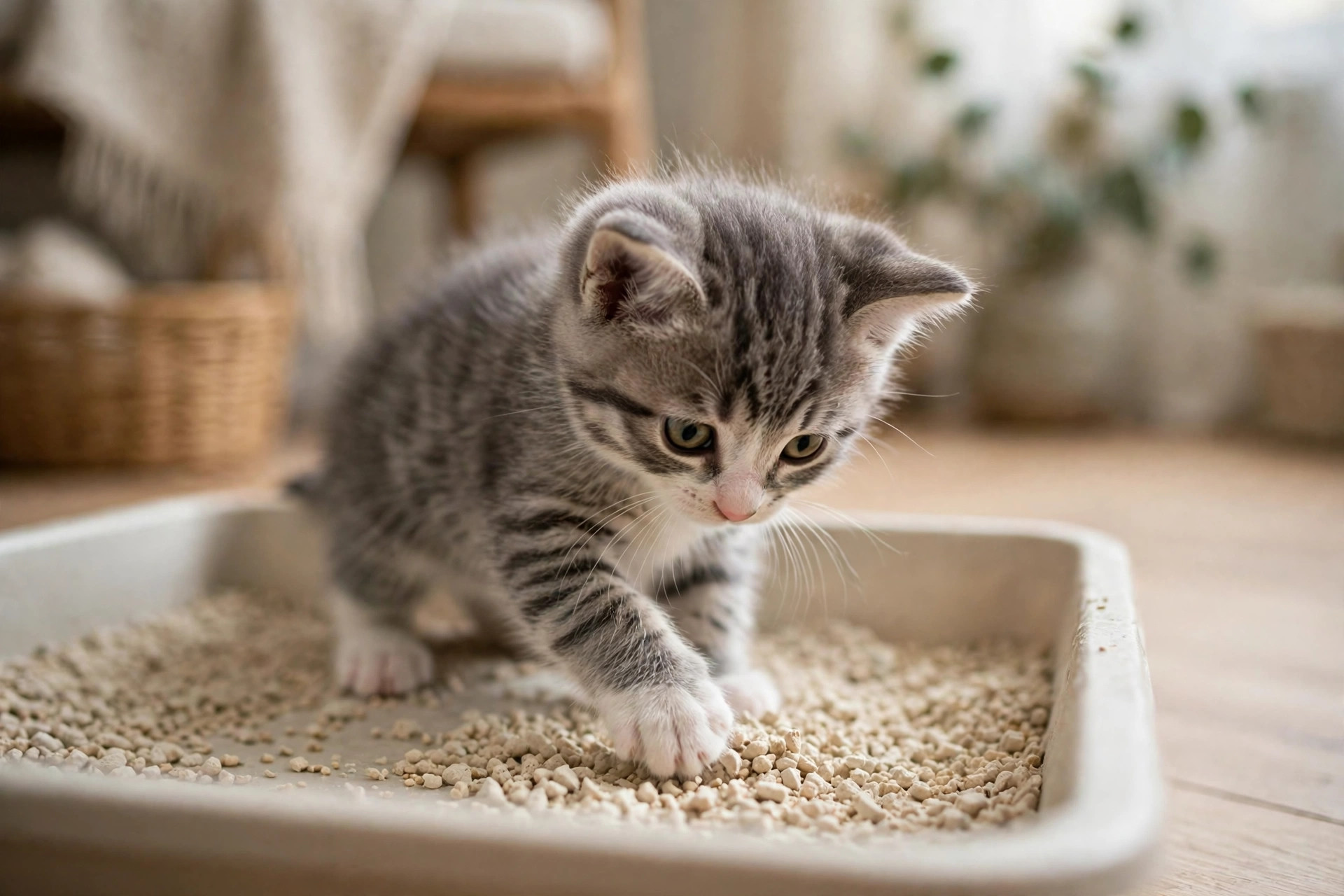 Kitten digging in a shallow open litter box during litter training