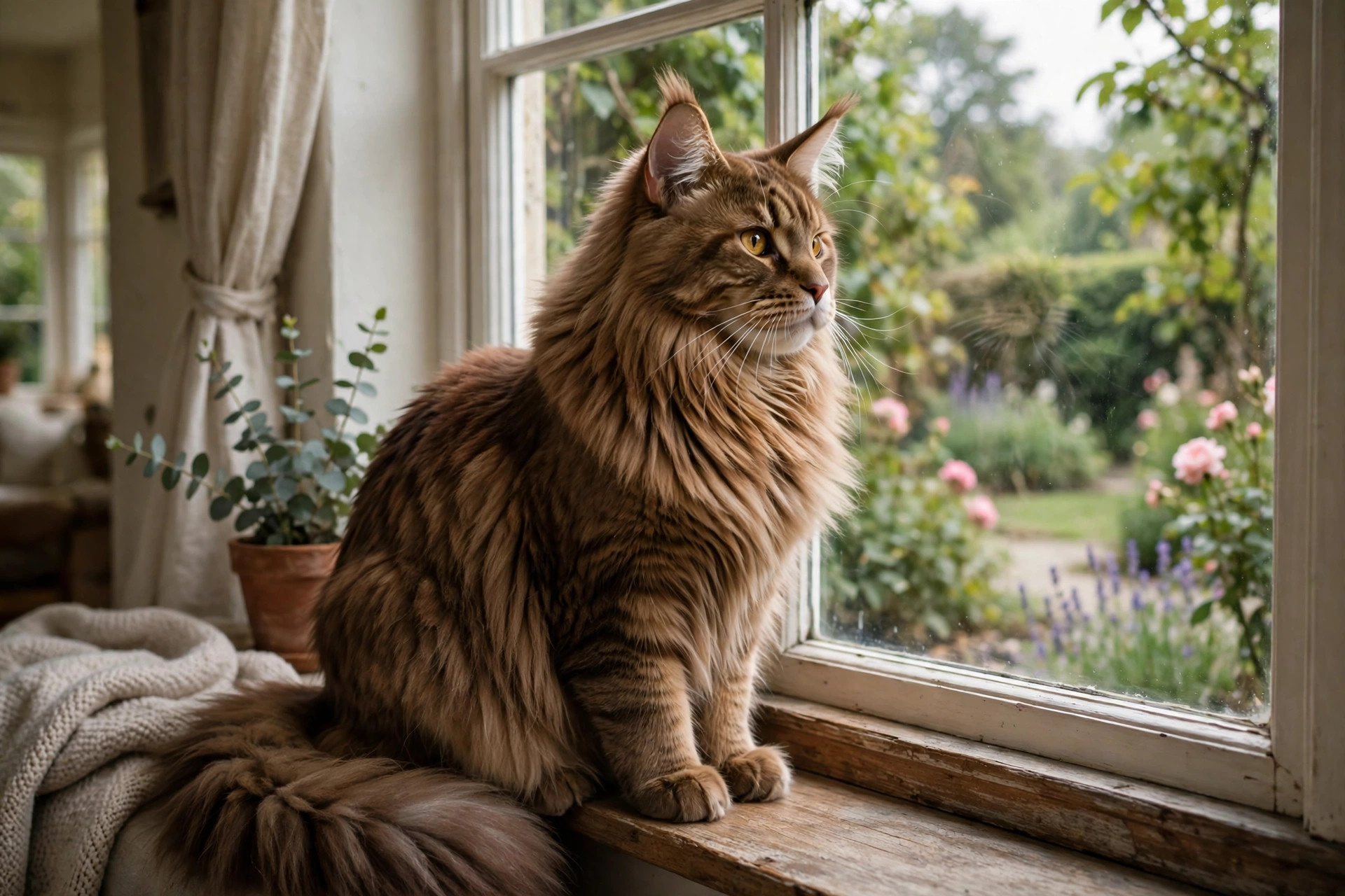 Large Maine Coon cat sitting on a windowsill looking out at a garden