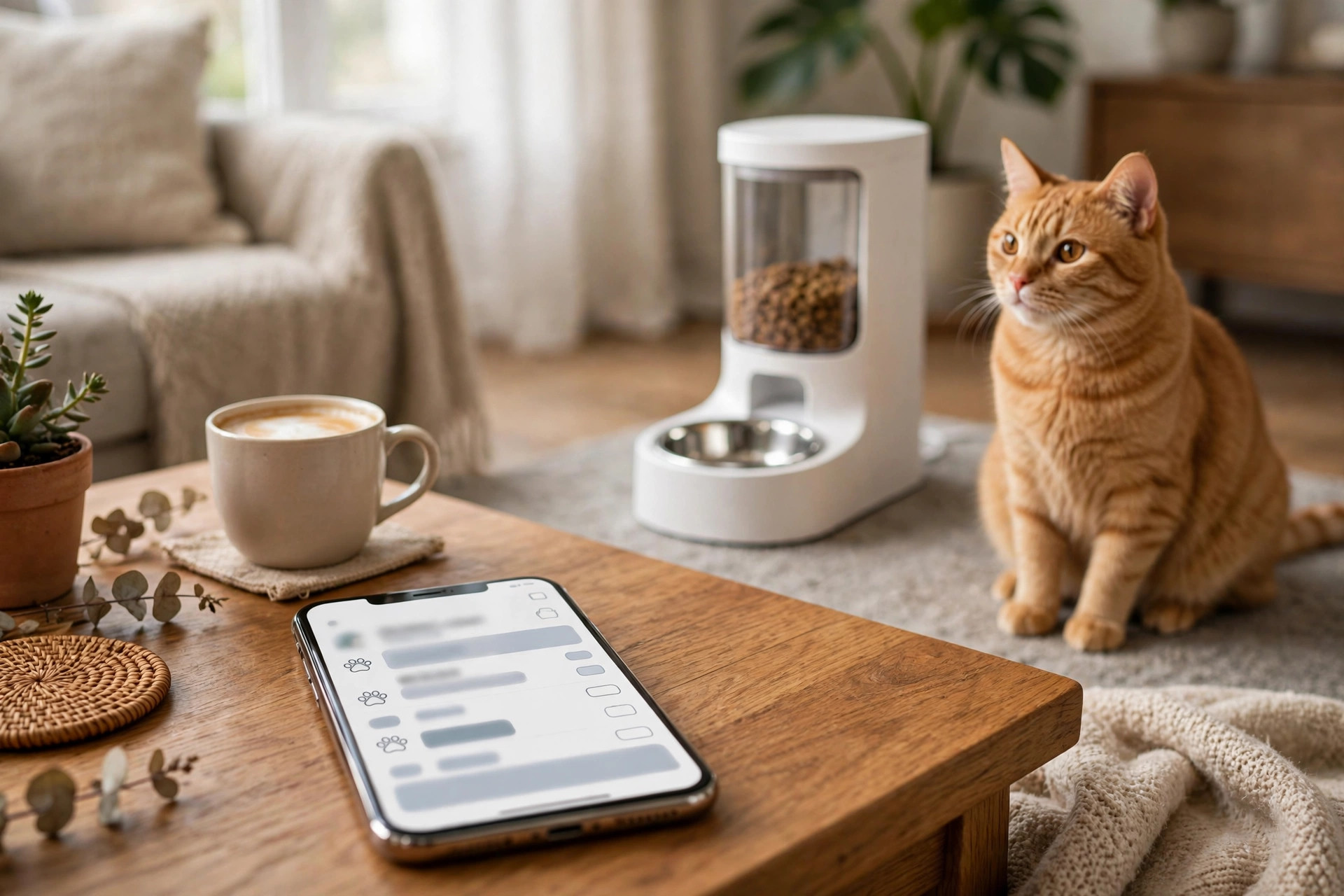 Smartphone showing a pet feeding schedule app with an automatic feeder and cat in the background