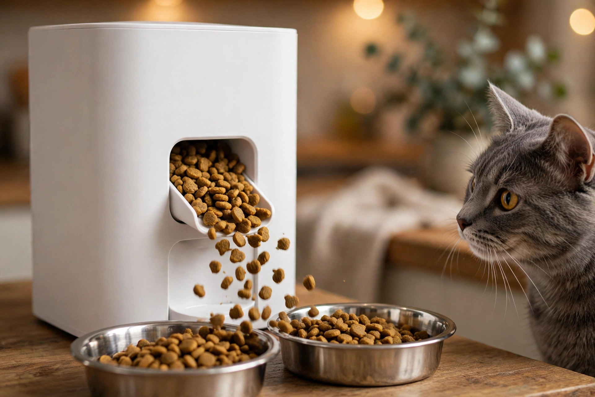 Automatic pet feeder dispensing kibble into two separate stainless steel bowls for two cats