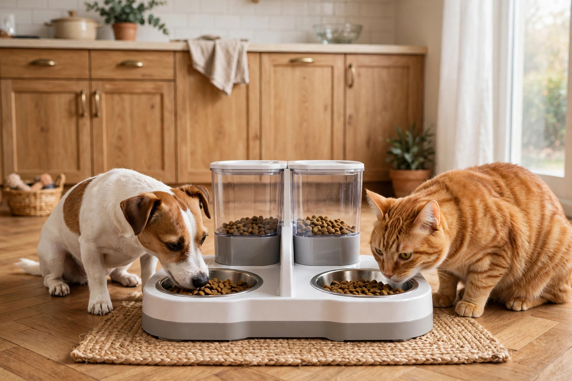A cat and a small dog each eating from their own bowl at a divided automatic feeder station