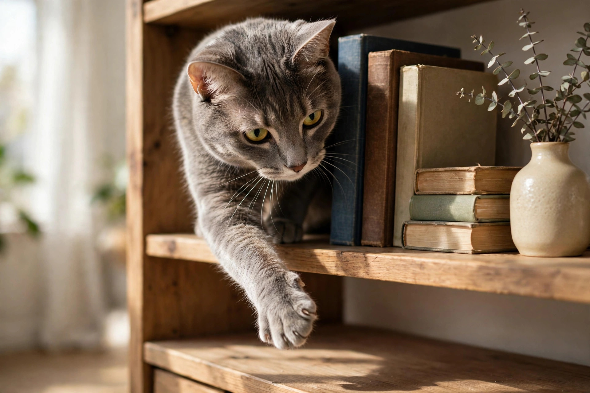 Playful gray cat reaching a paw toward the bottom shelf of a wooden bookshelf with books and a vase