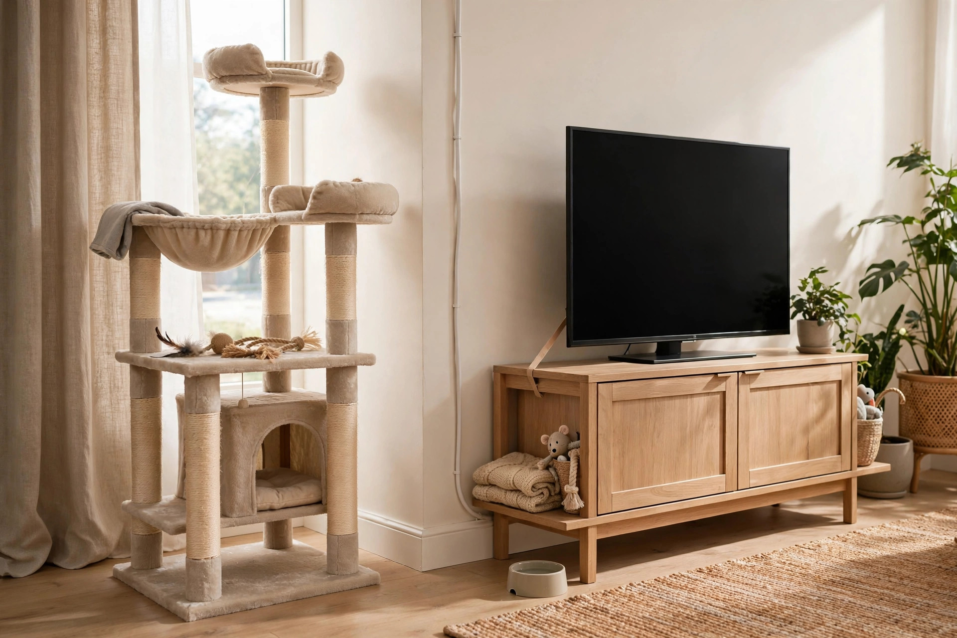 Cozy living room corner with a tall cat tree beside a secured TV stand with hidden electrical cables