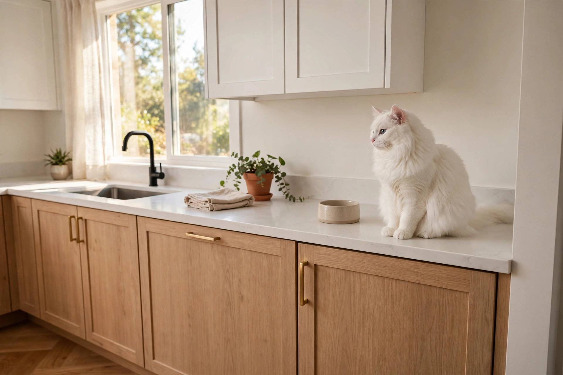 Fluffy white cat sitting on a clean kitchen countertop next to a closed lower cabinet