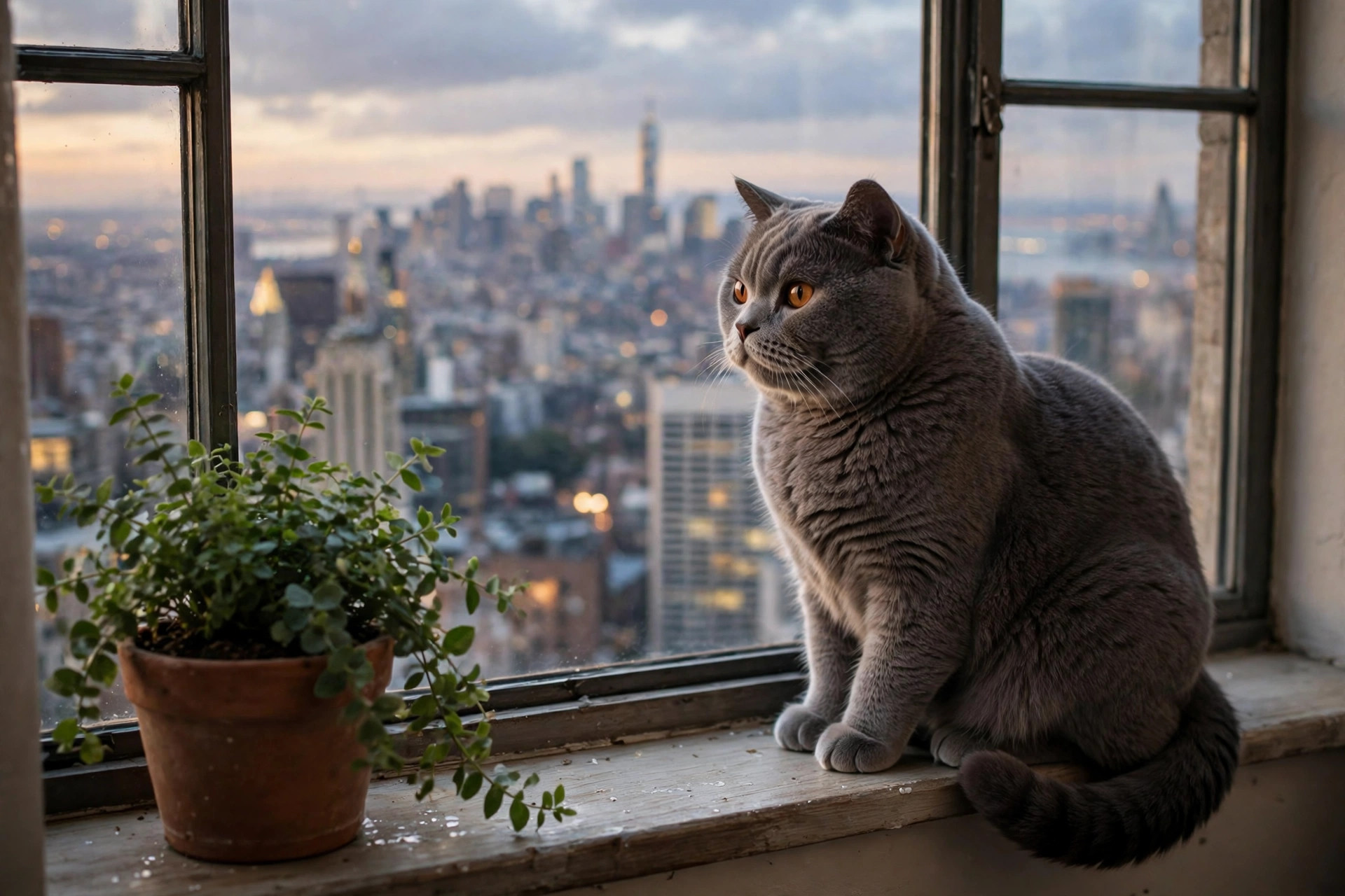 Gray cat sitting on an apartment windowsill looking out at the city skyline