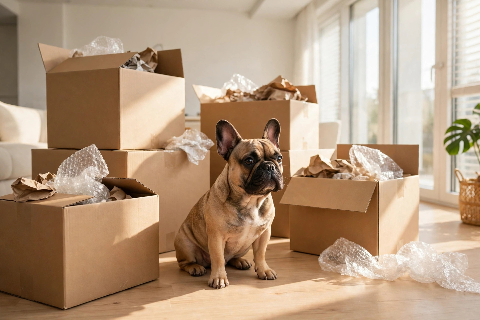 Small dog sitting among moving boxes in a bright new apartment on moving day