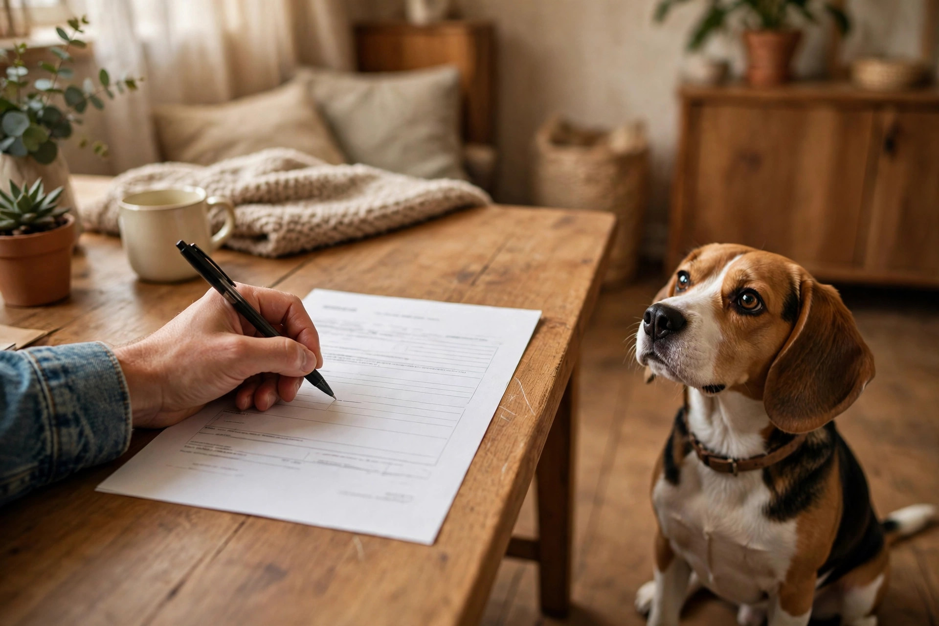 Tenant signing a rental lease with a small dog sitting beside the desk
