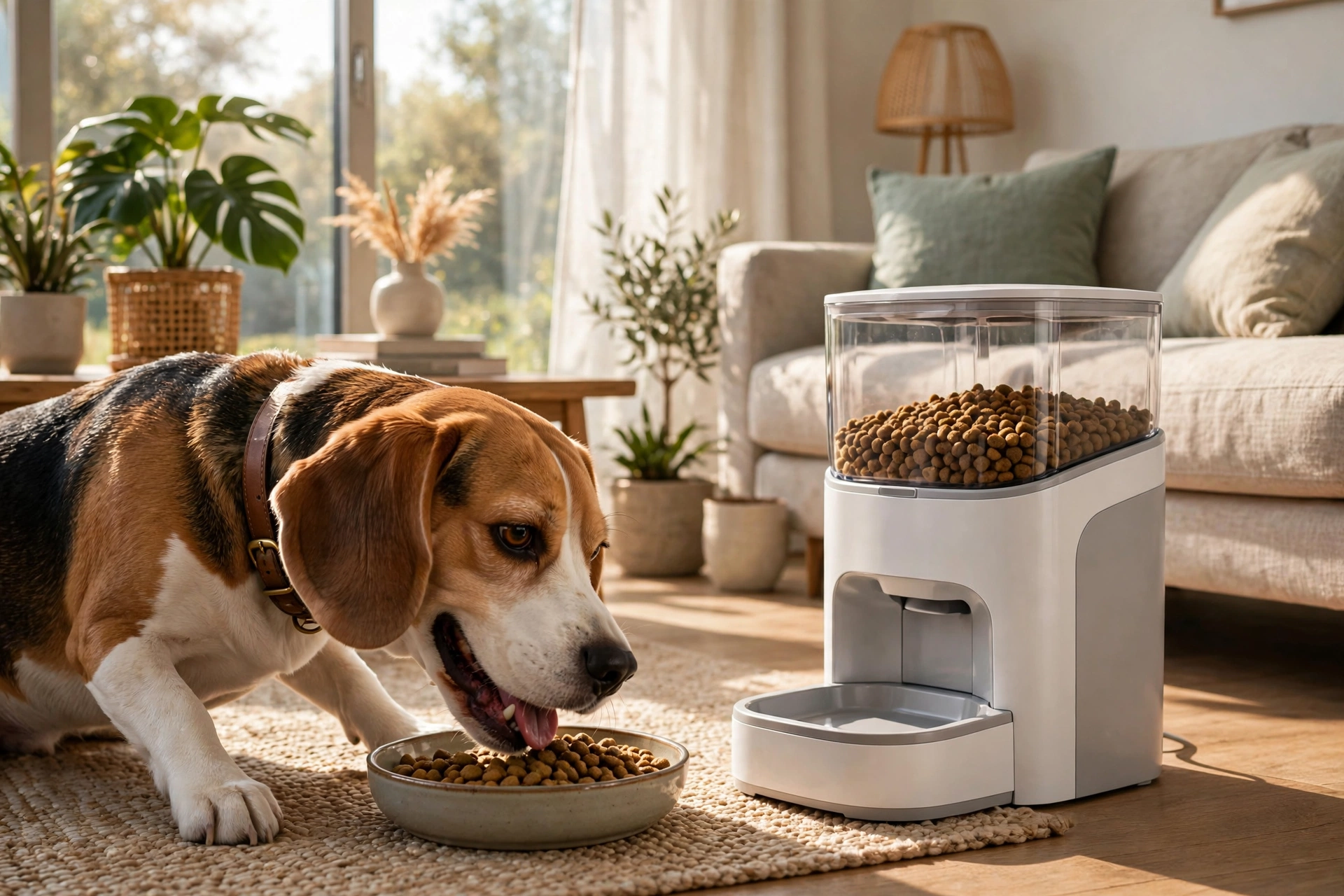 Beagle eating from an automatic pet feeder