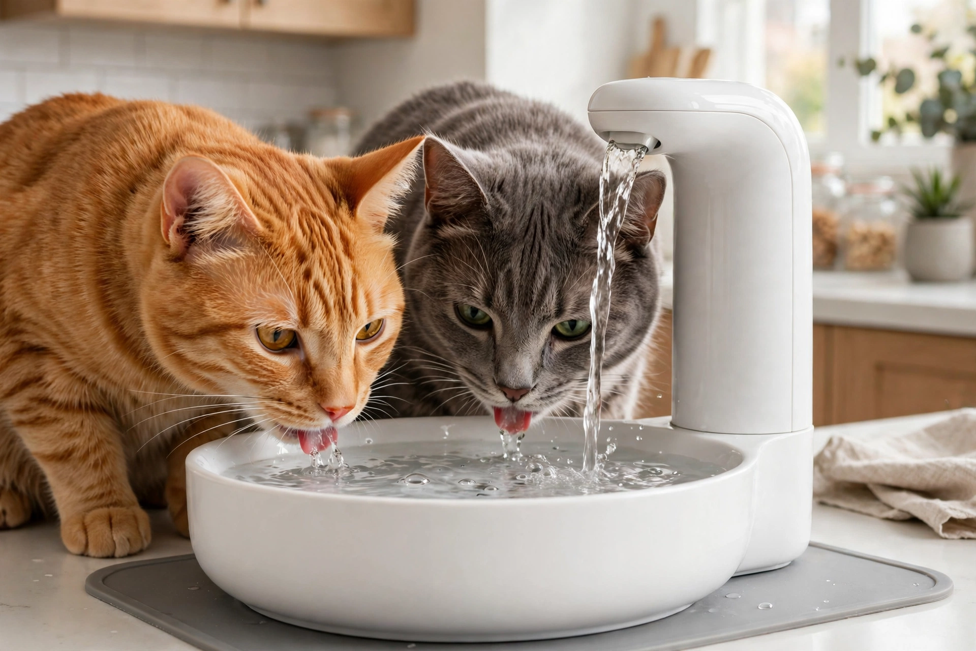 Two cats drinking from a pet water fountain