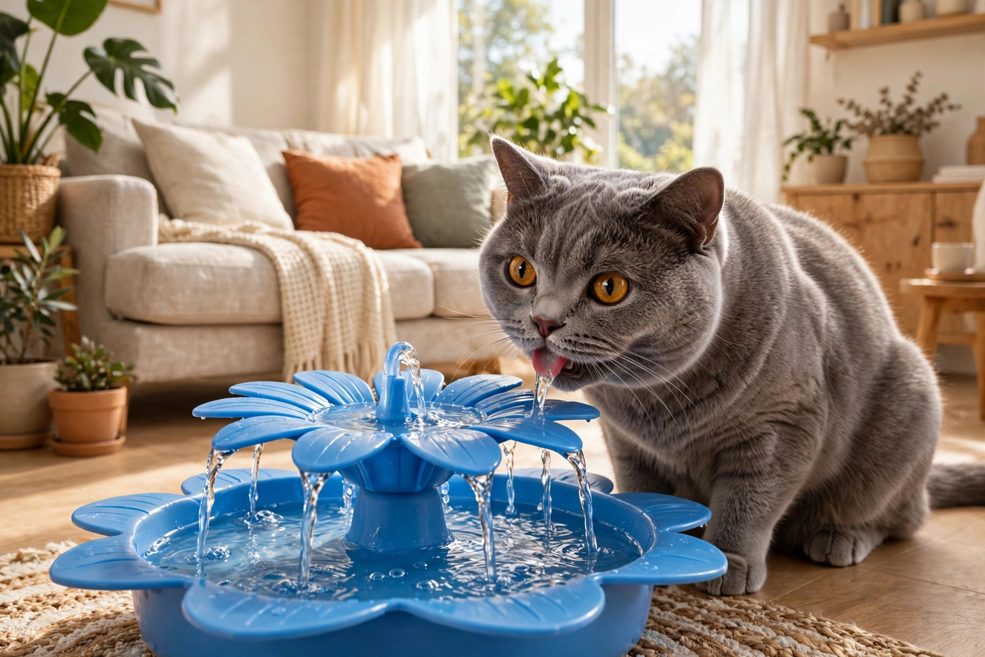 Grey cat drinking from a blue flower-shaped plastic pet water fountain