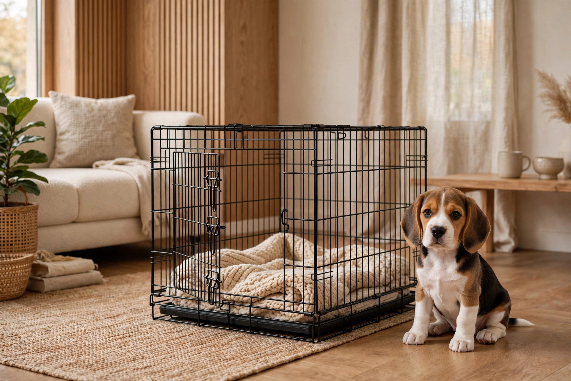 Beagle puppy sitting beside a wire dog crate with a cozy blanket in a living room corner