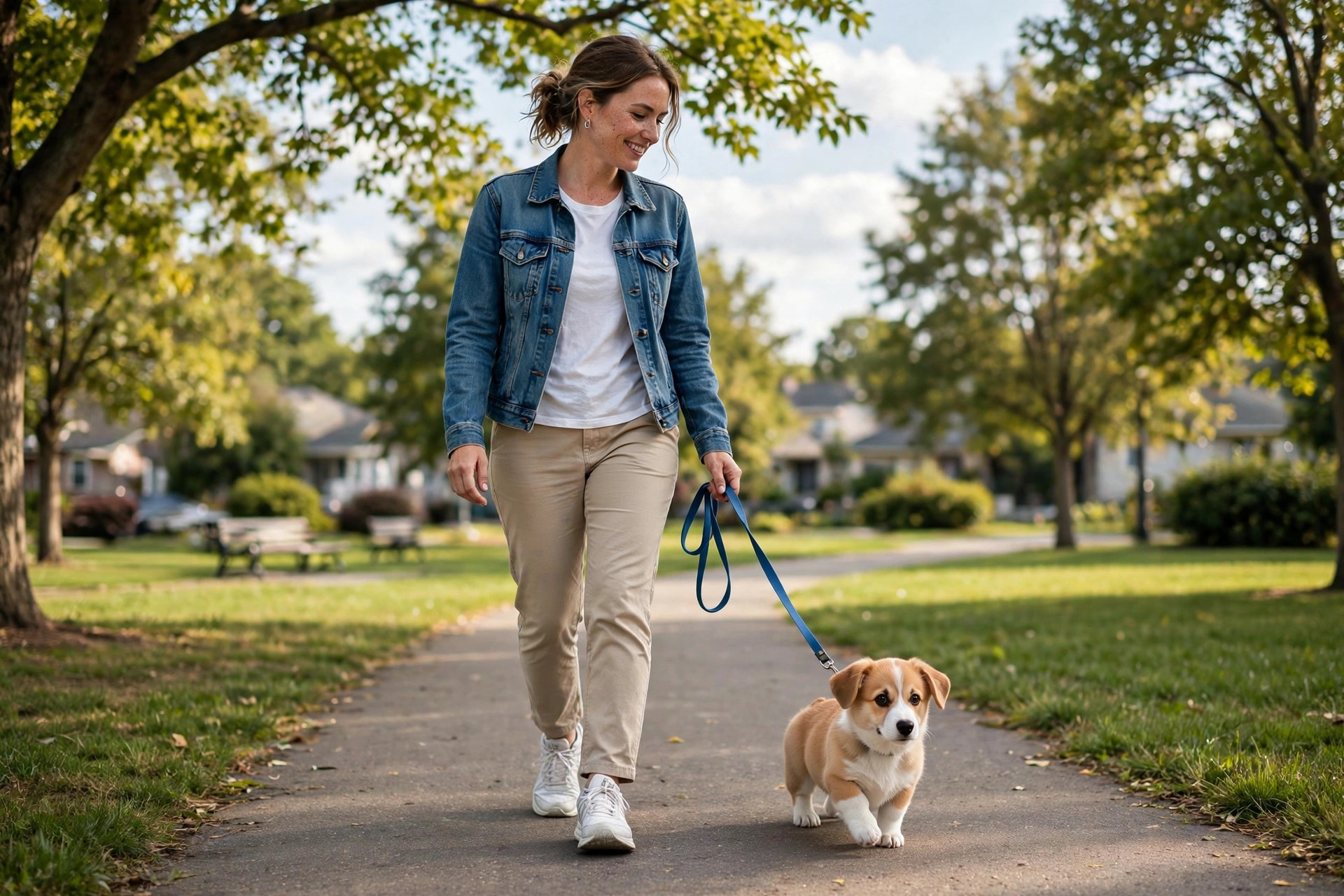 Person walking a young corgi puppy on a leash in a sunny park