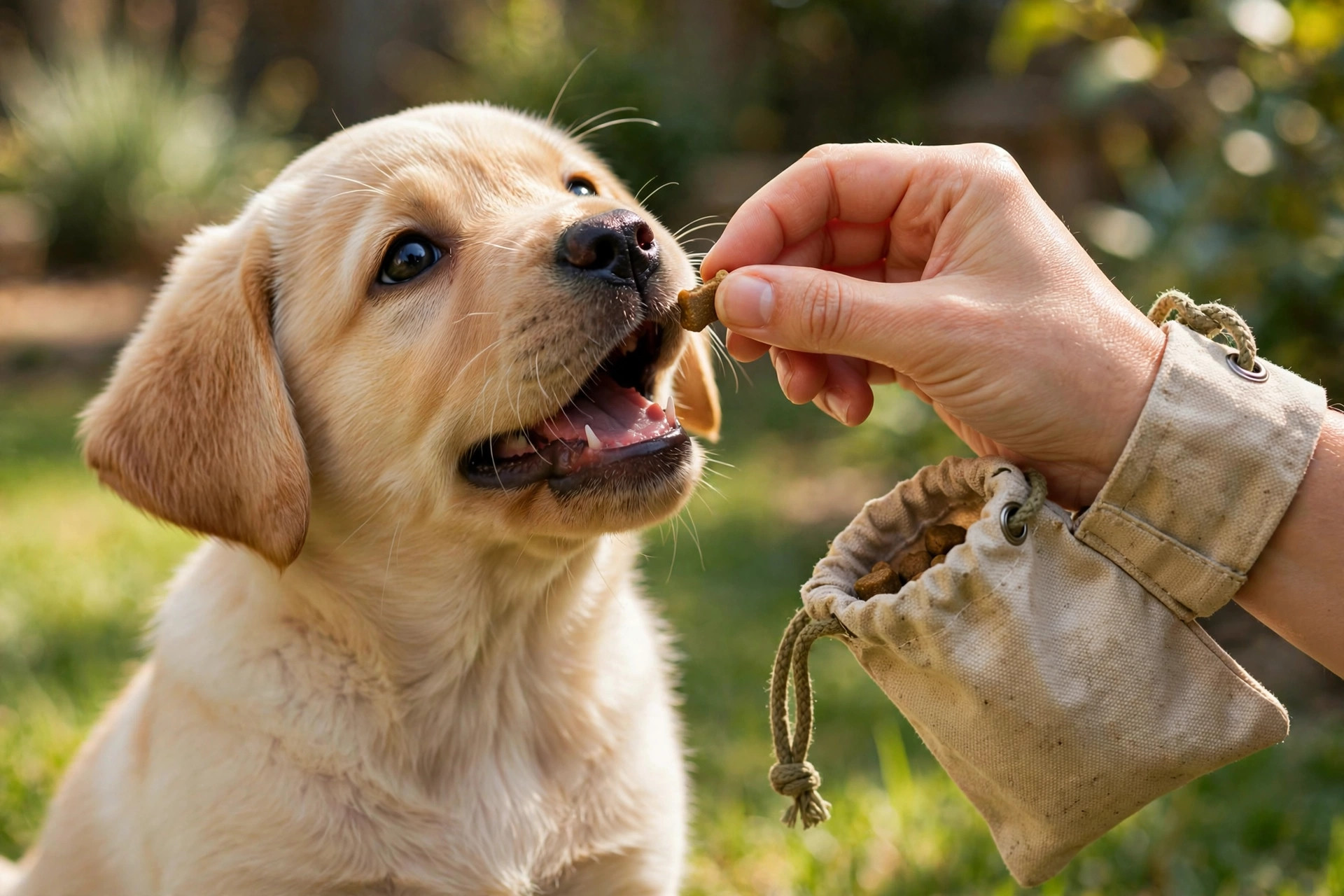 Labrador puppy taking a training treat from a hand holding a treat pouch in a sunny backyard