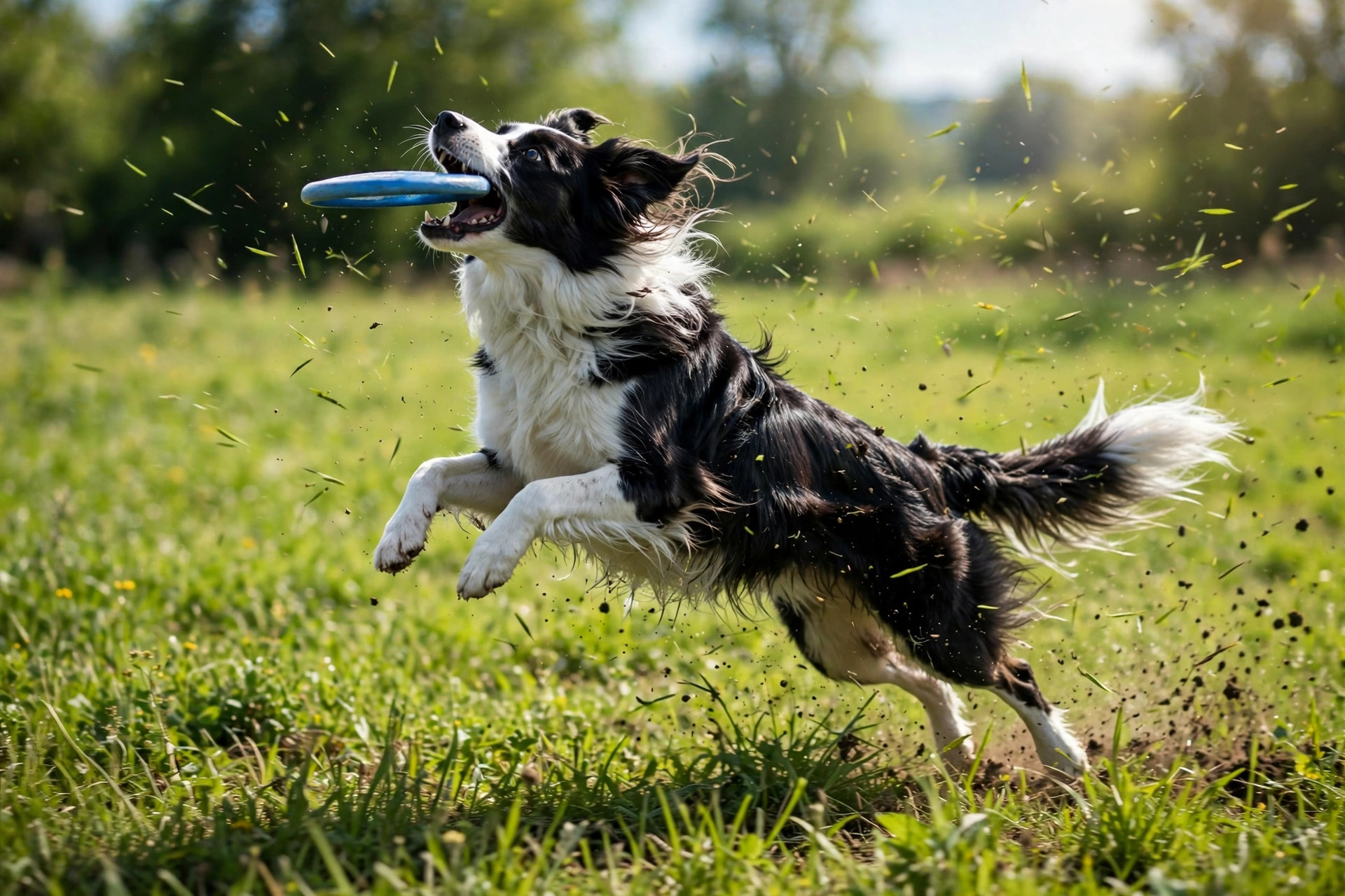 Border collie leaping to catch a frisbee in a sunny green field