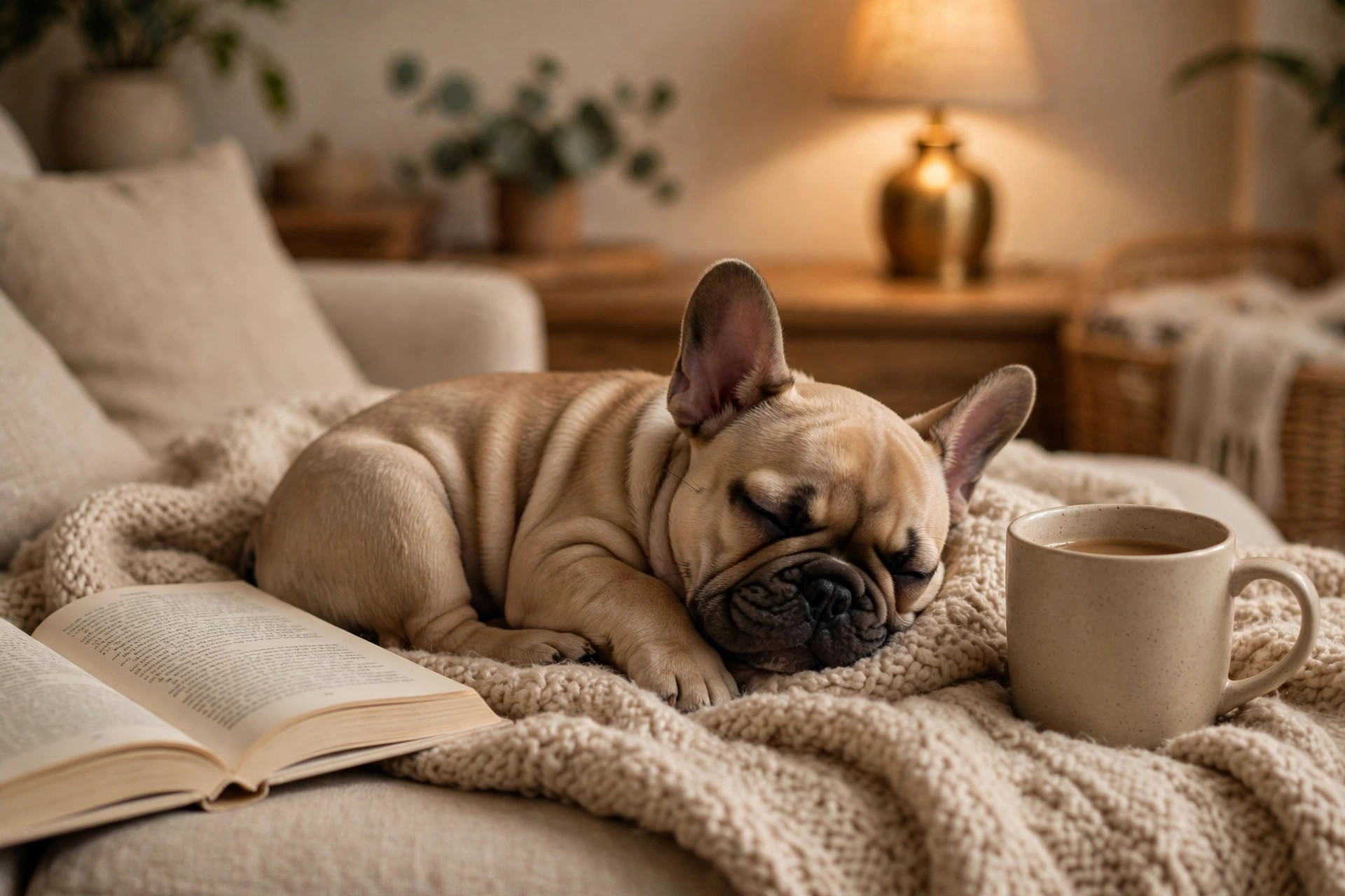 French bulldog puppy sleeping curled up on a soft sofa blanket beside a book and coffee mug
