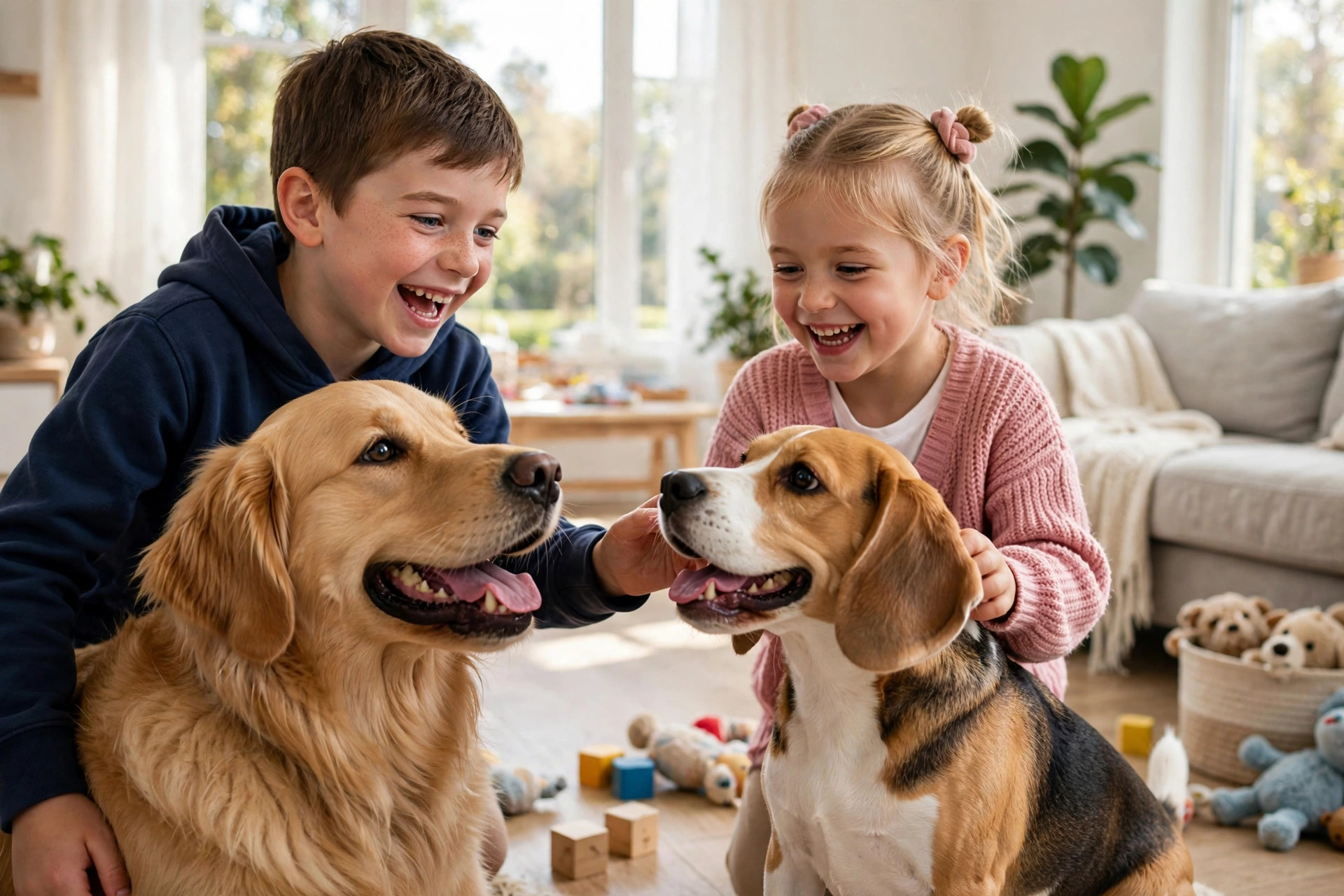 Golden retriever and beagle playing together with children in a bright living room