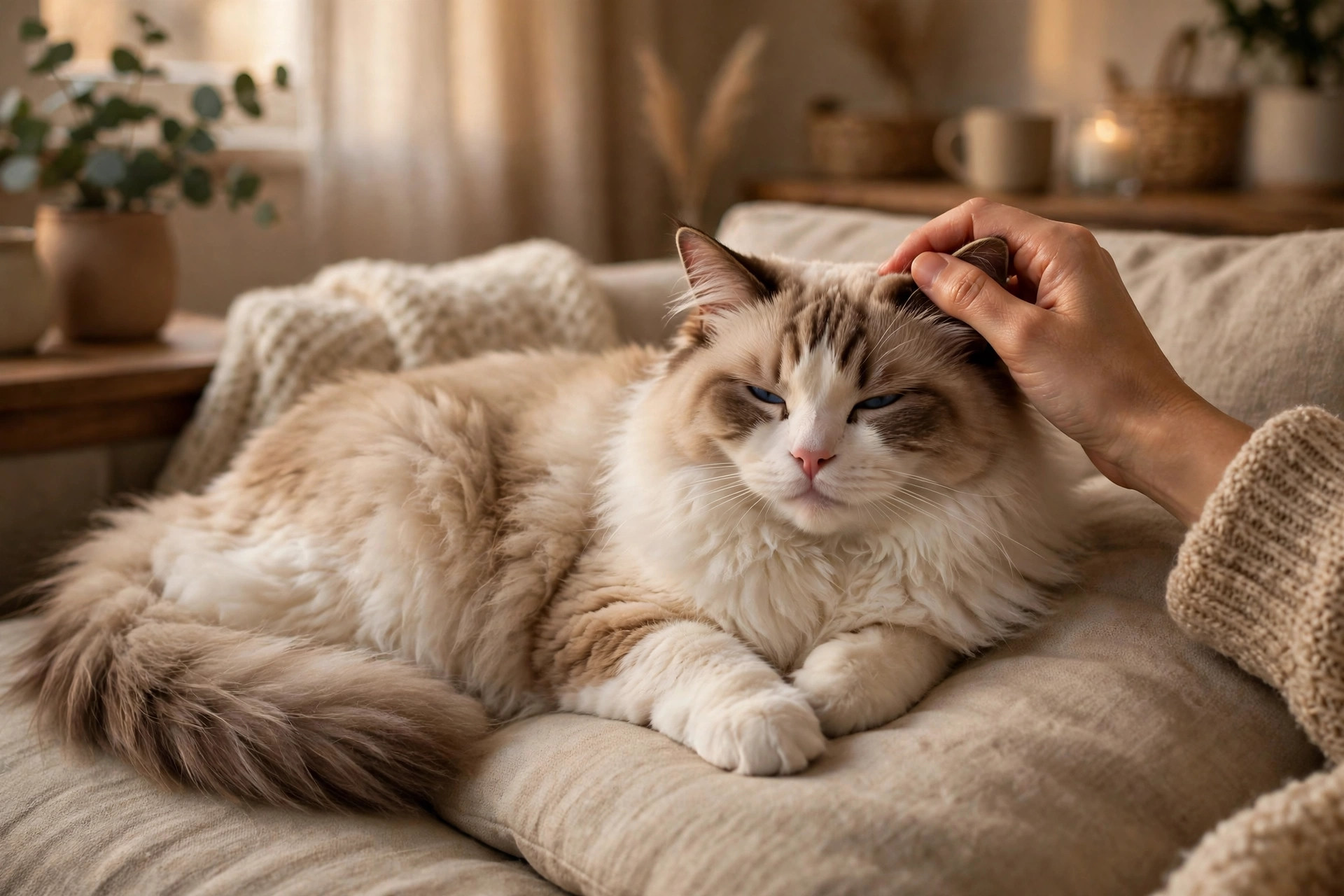 Fluffy Ragdoll cat relaxing on a sofa while being gently petted