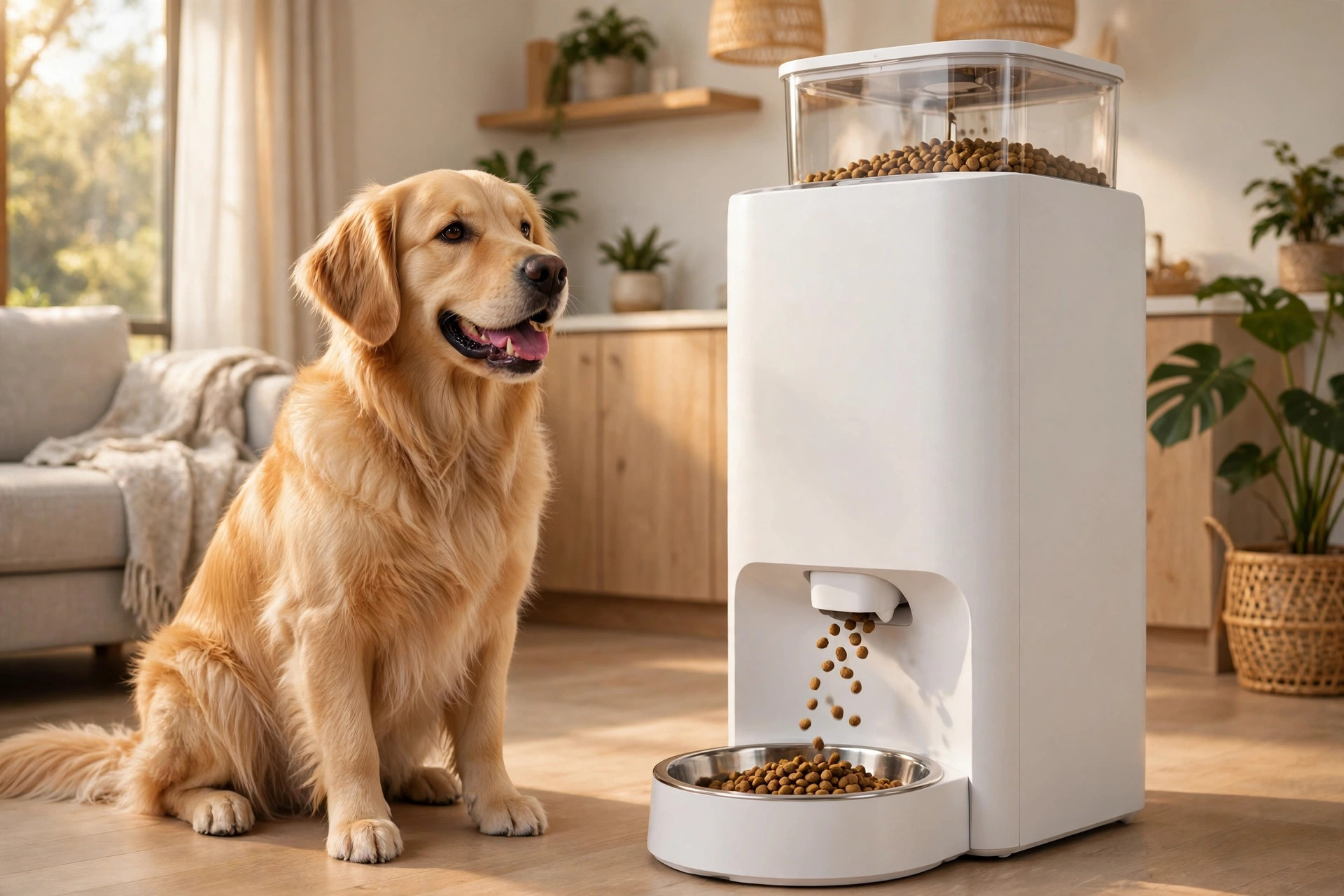 Golden retriever waiting beside a white automatic pet feeder dispensing kibble into a bowl