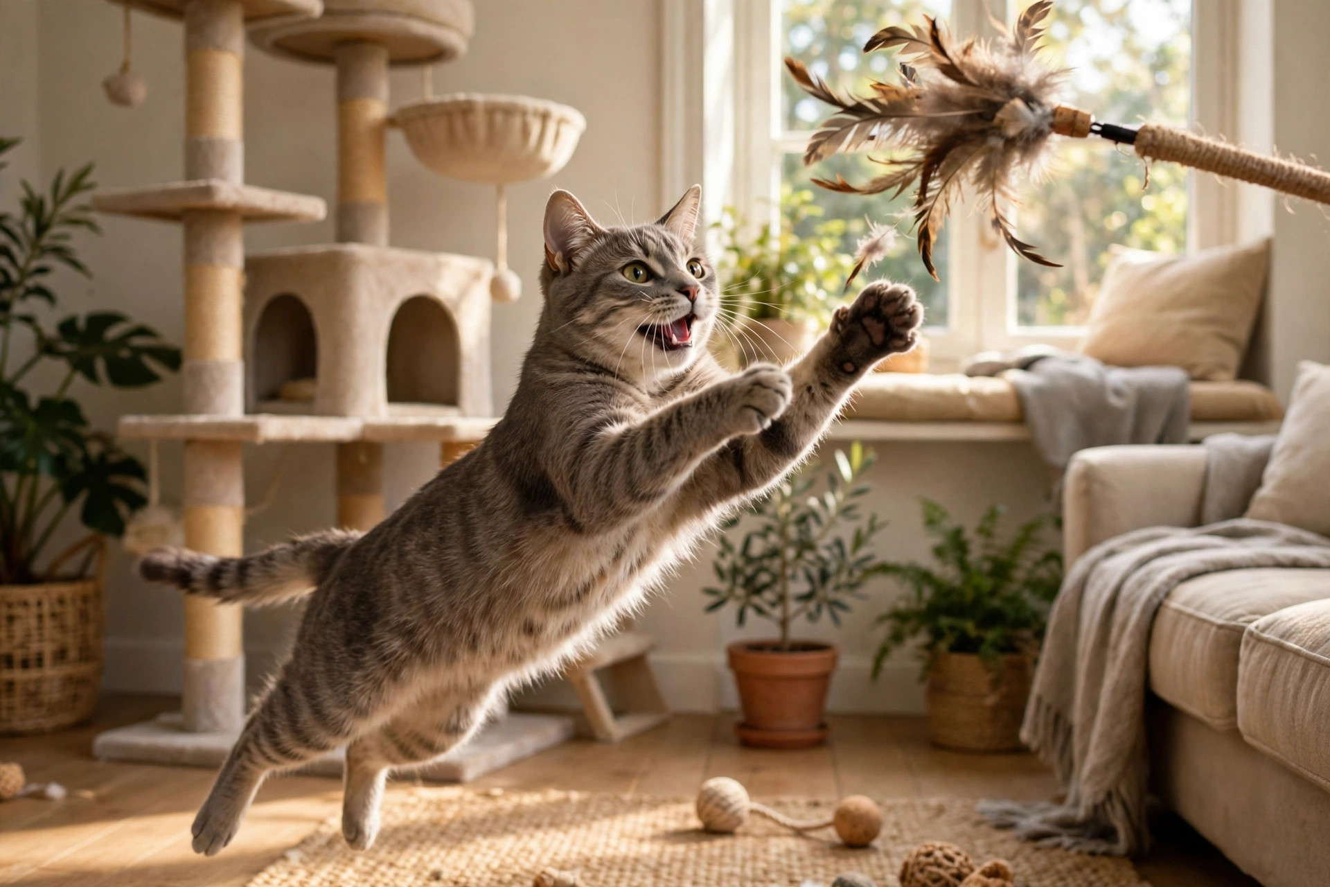 A happy rescued grey cat playing with a feather wand toy in a bright living room during its first play session at home