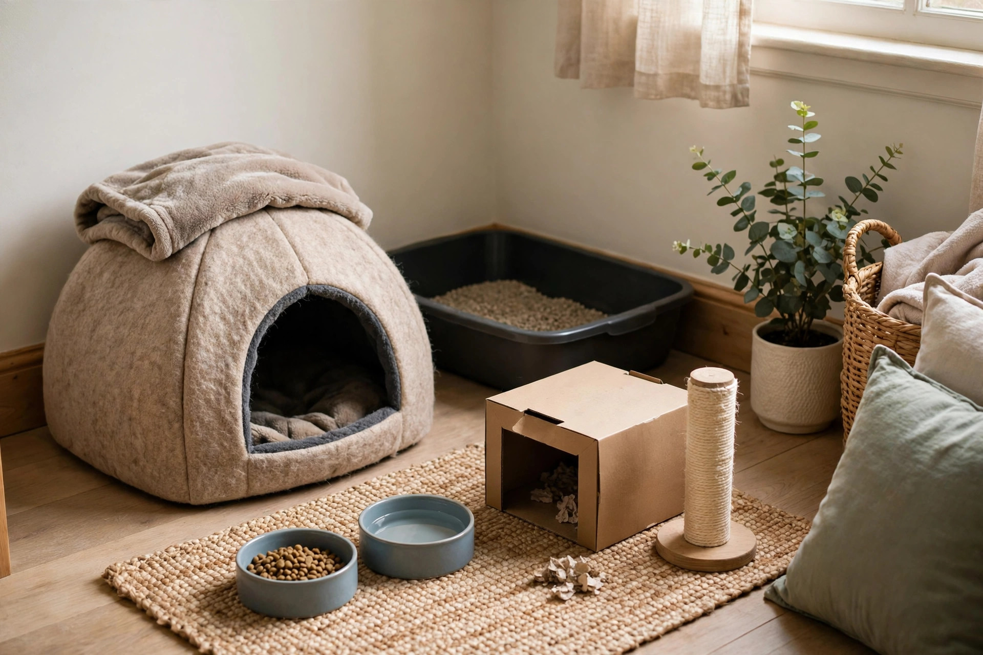 A quiet safe room set up for a newly adopted rescue cat with a covered bed, litter box, food and water bowls, and a cardboard hideaway