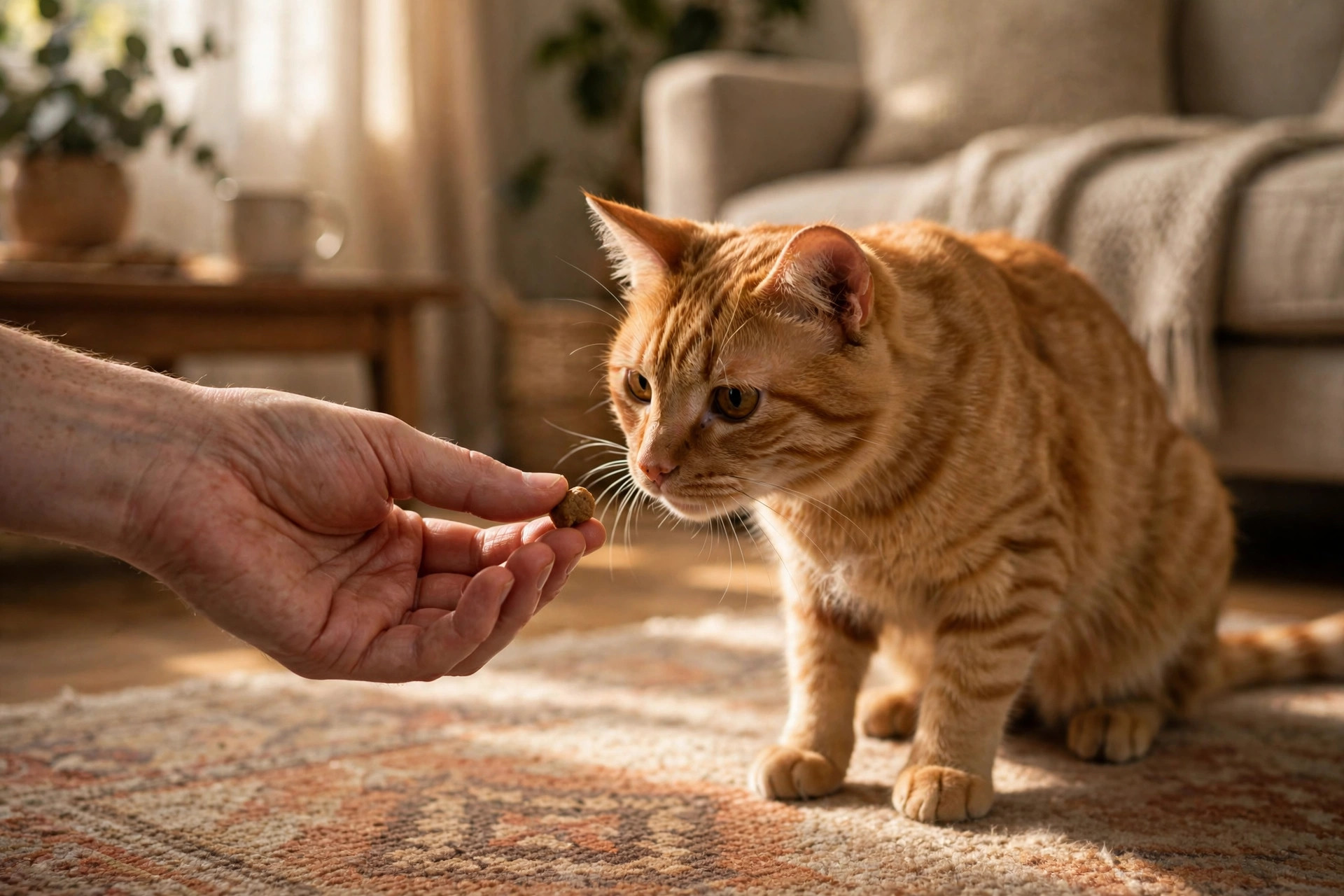 A person gently offering a treat to a cautious rescued cat on a living room rug as the cat leans in curiously