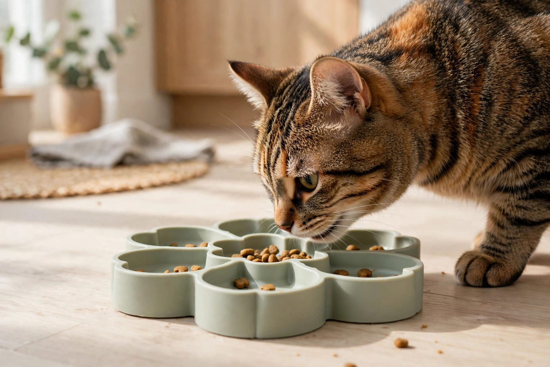 Tabby cat eating from a flower-shaped slow feeder bowl