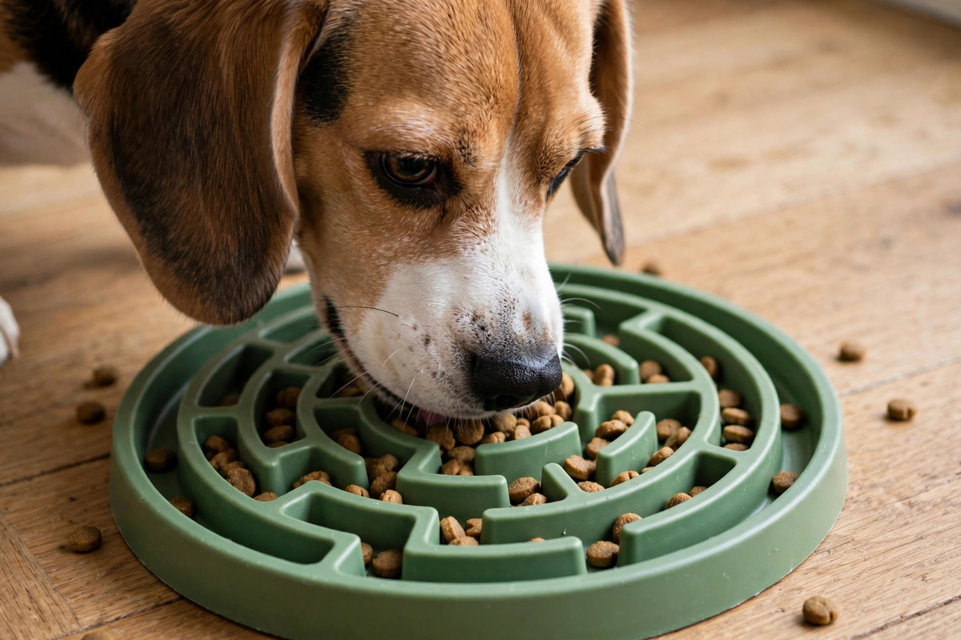Beagle eating dry food from a maze slow feeder bowl
