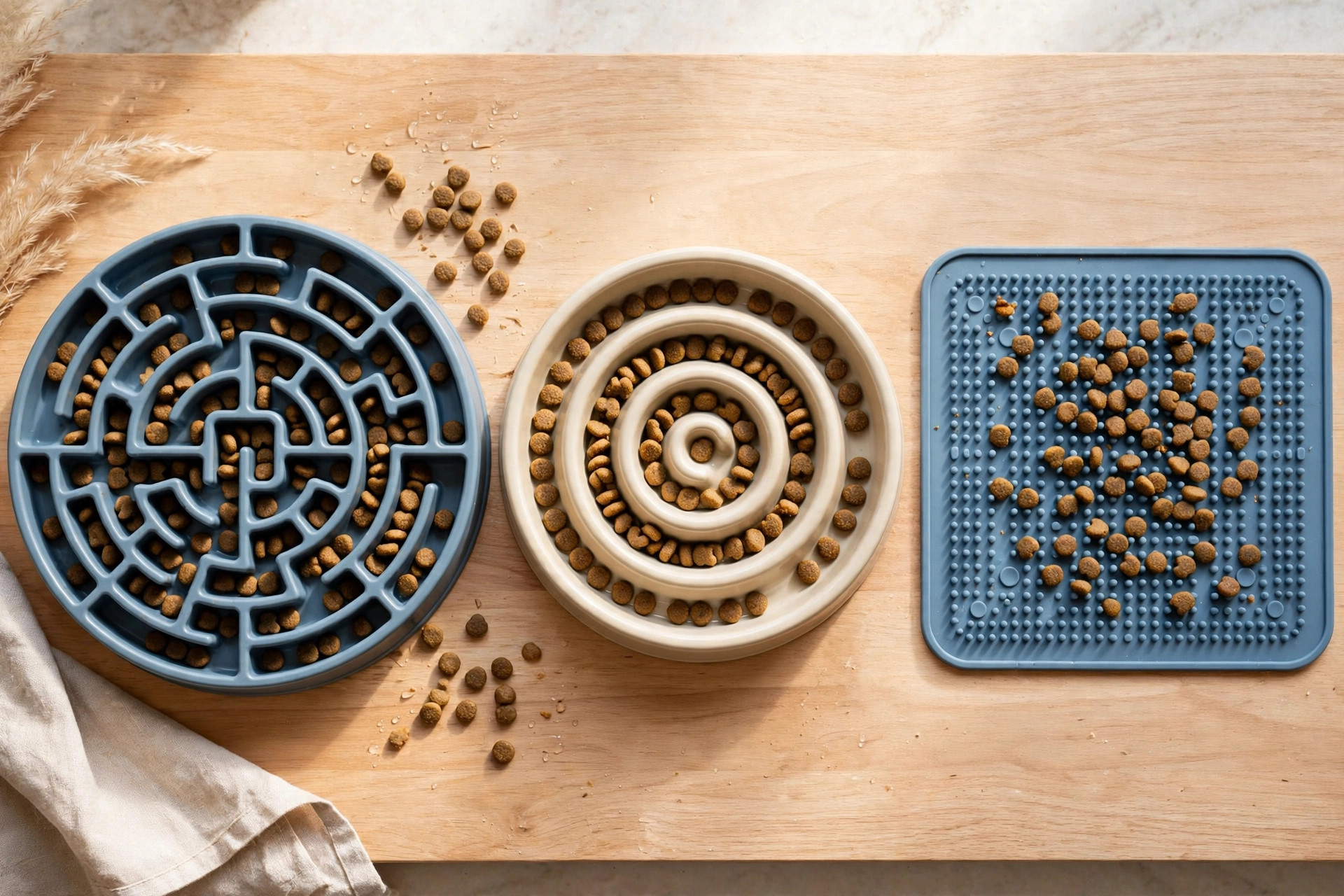 Three slow feeder bowls side by side: maze bowl, spiral bowl, and lick mat with kibble