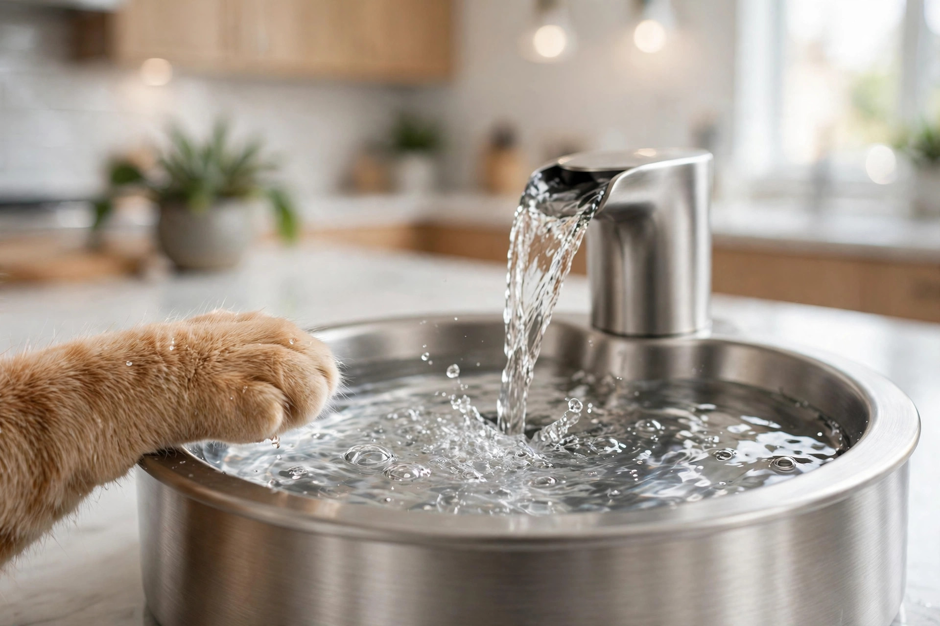 Close-up of a stainless steel pet fountain basin with fresh flowing water