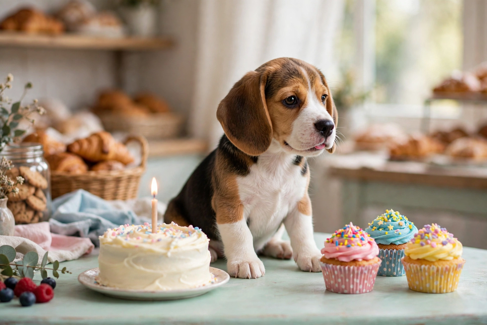 Beagle puppy sitting beside a birthday cake and cupcakes