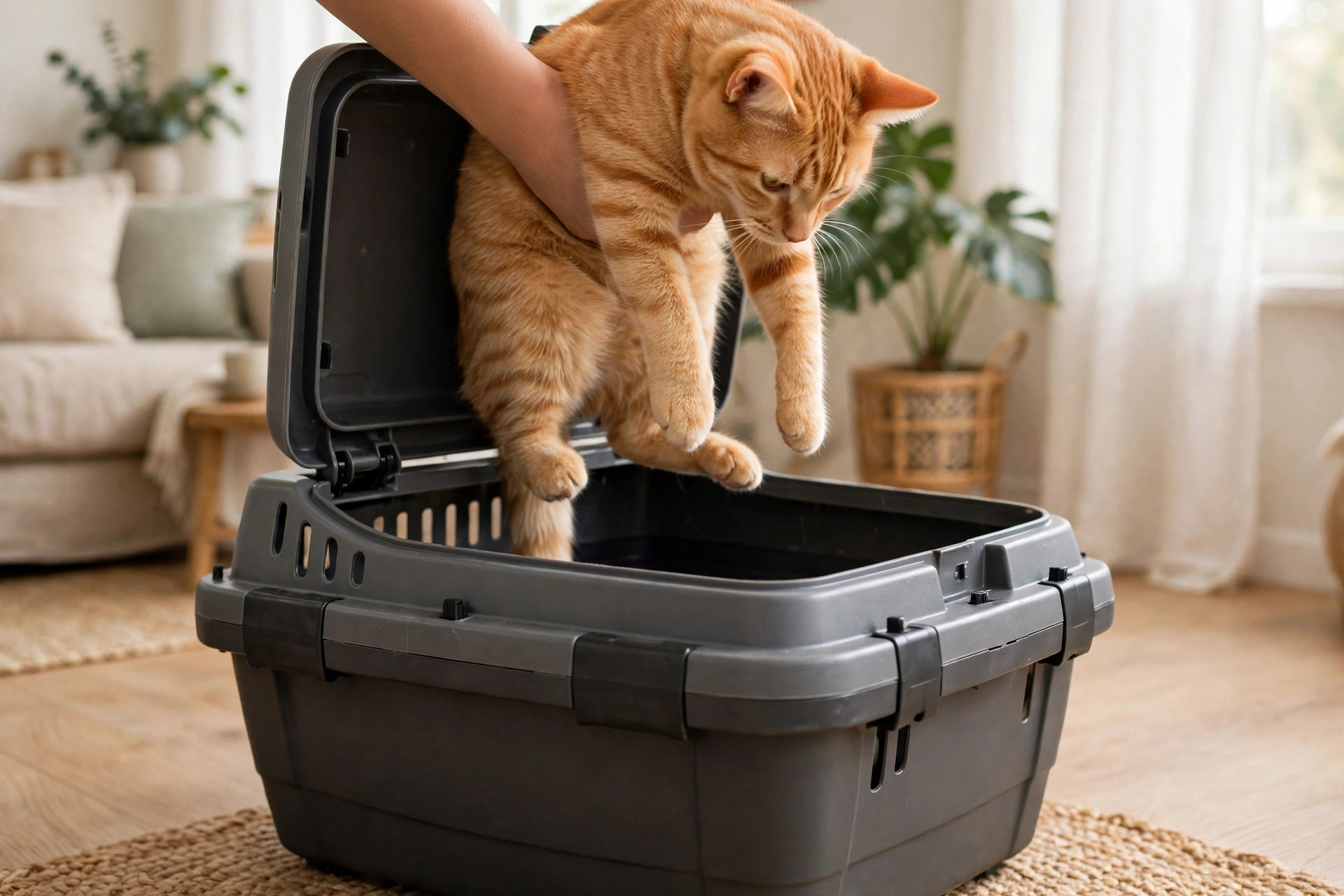 Cat being gently lowered into a top-loading hard-sided pet kennel