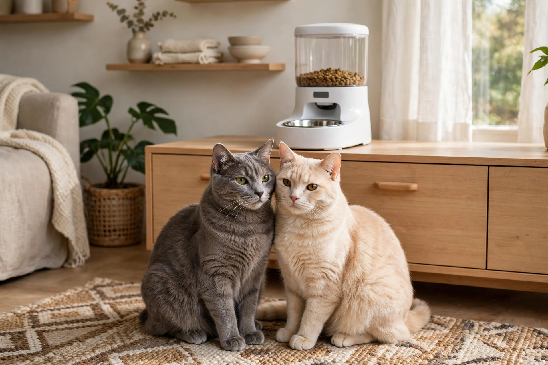 Two cats sitting in front of an automatic pet feeder in a bright living room