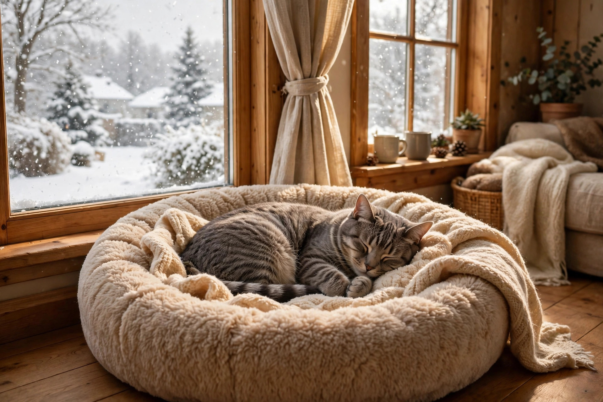 Grey tabby cat sleeping curled up in a plush round pet bed beside a snowy window