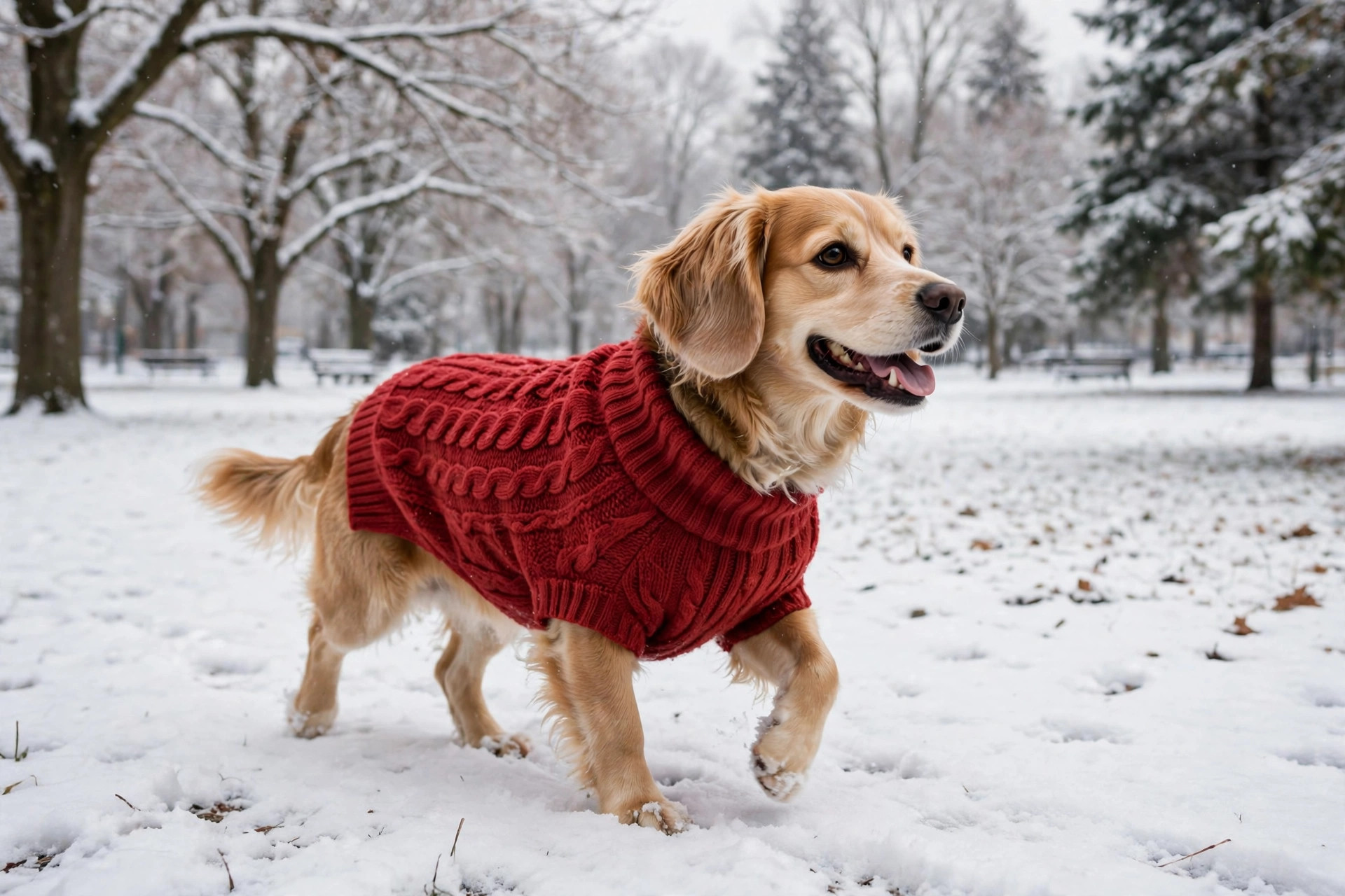 Dog wearing a warm knitted sweater walking through light snow in a park