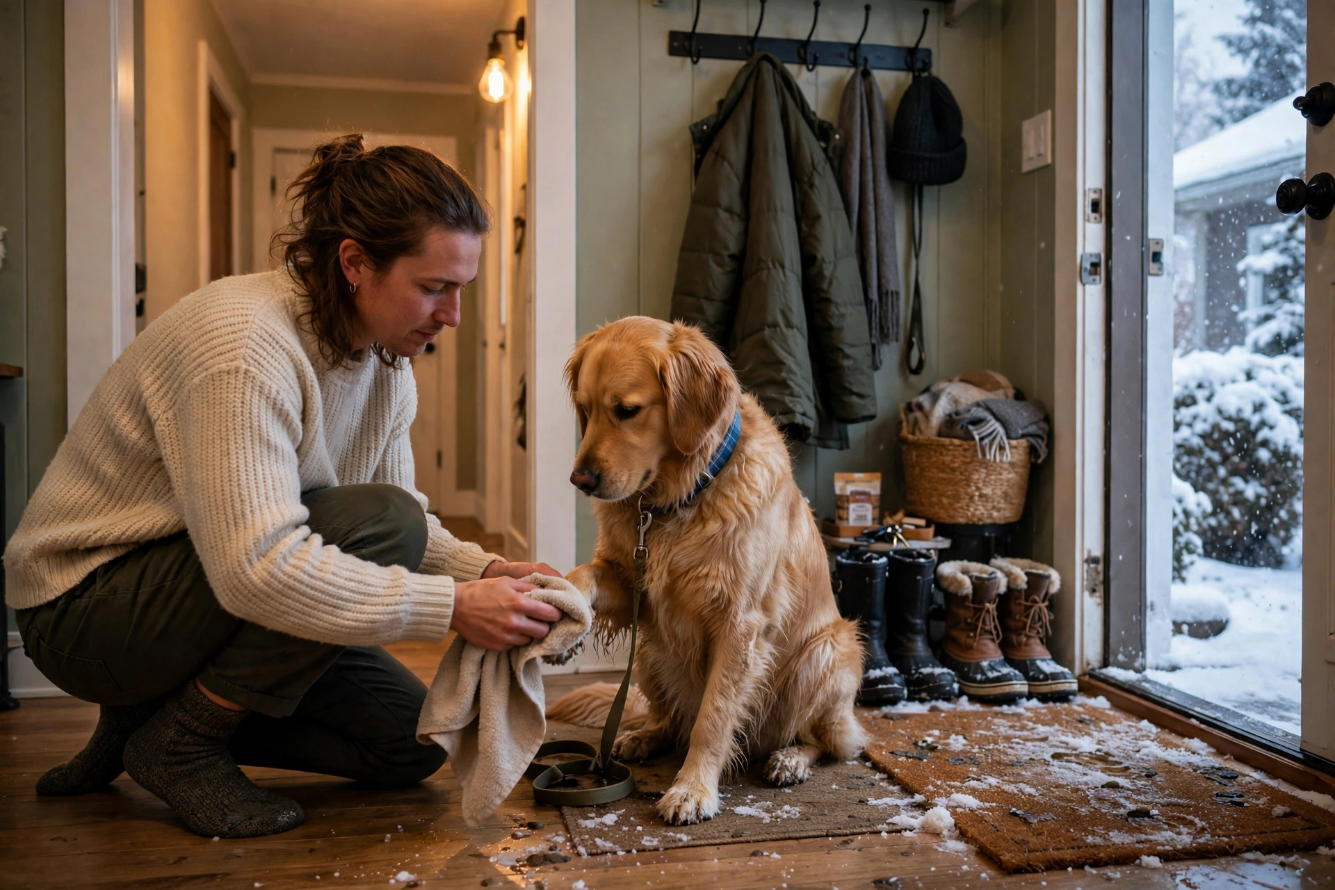 Owner wiping a dog's paws with a towel at the front door after a snowy winter walk