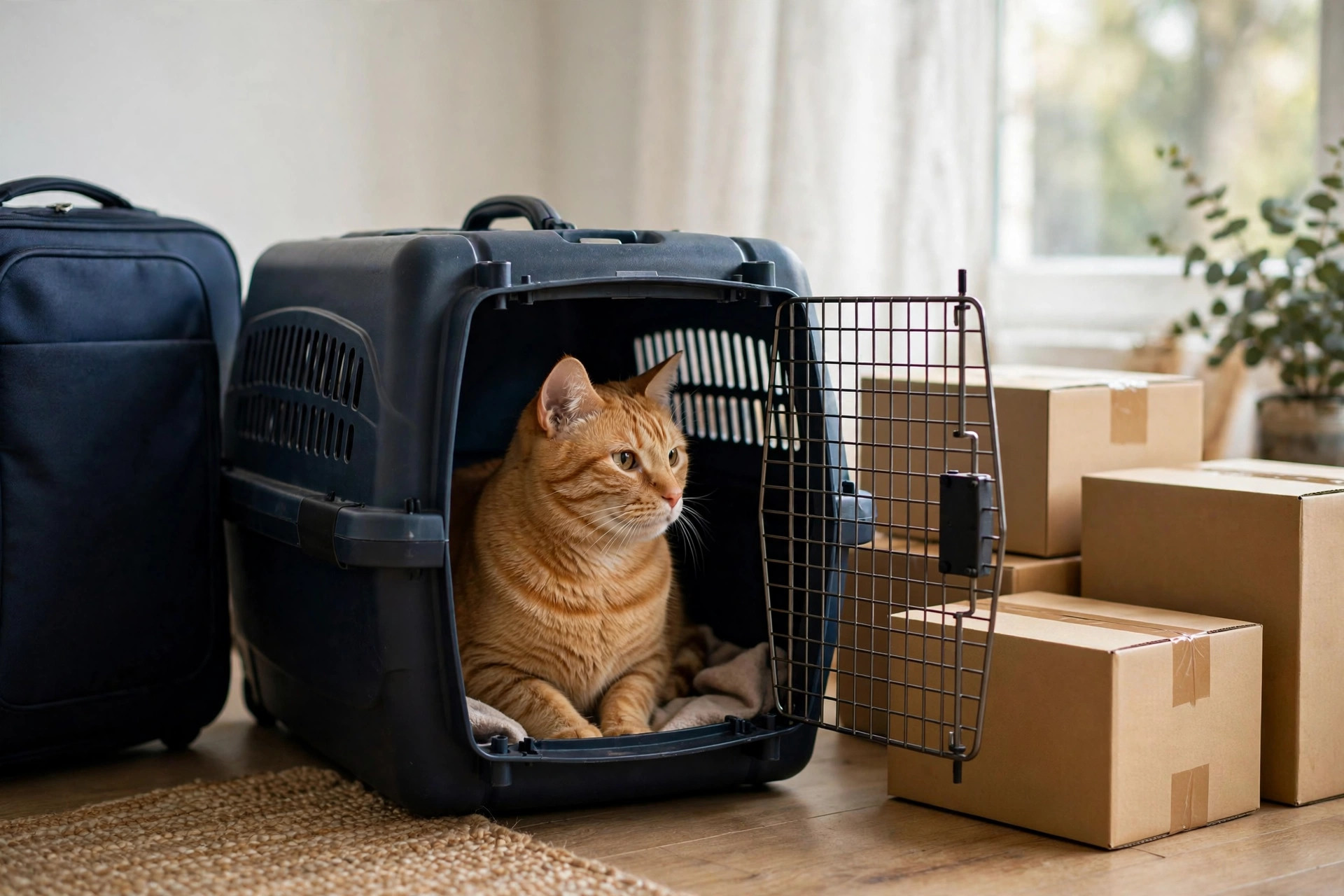Orange tabby cat sitting inside an open pet carrier beside packed moving boxes