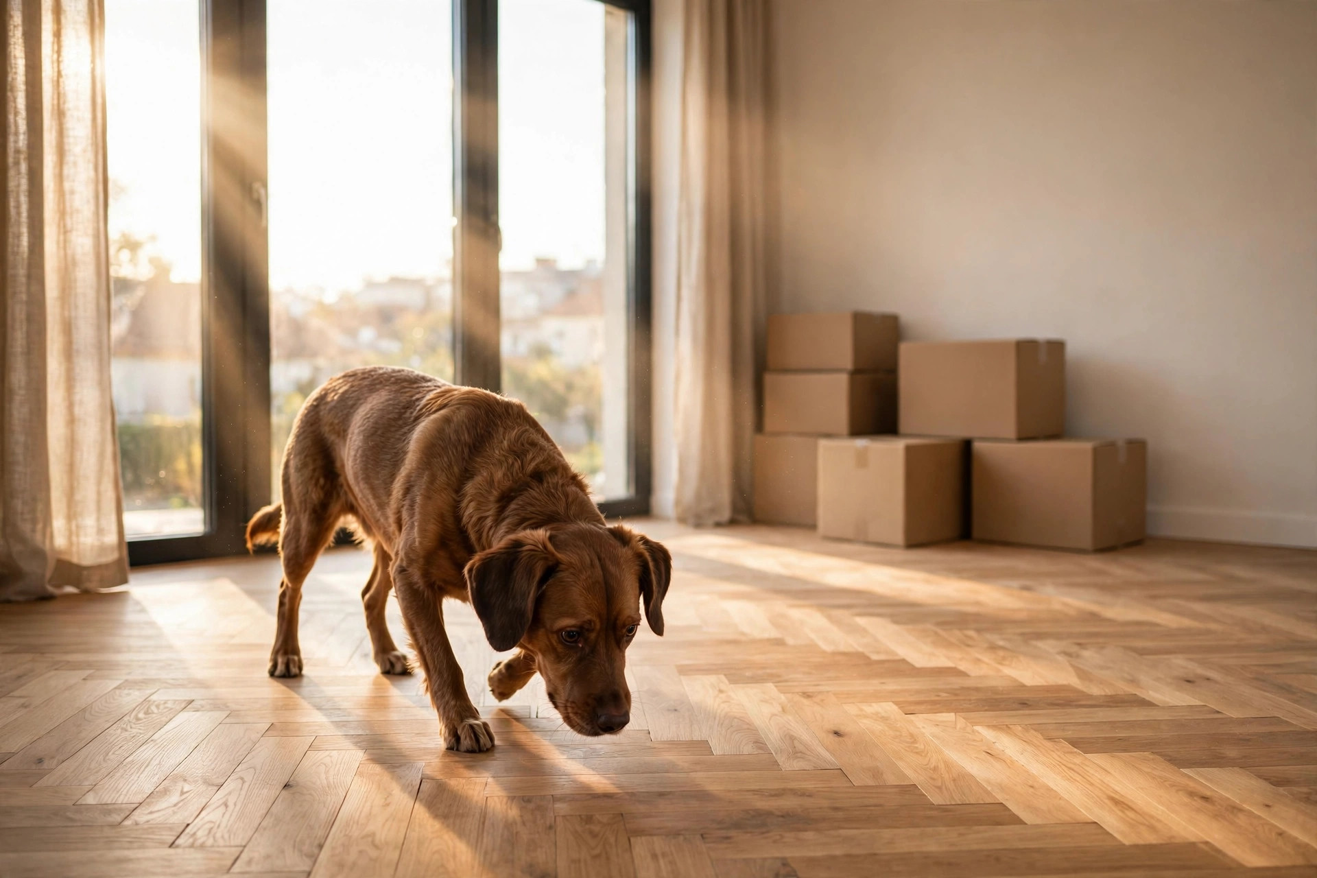 Curious dog exploring an empty sunlit new apartment surrounded by moving boxes